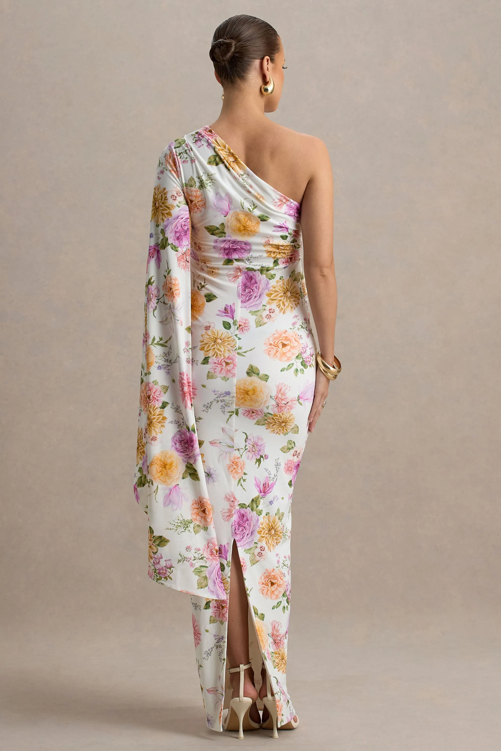 Aliana | Peach And Lilac Floral Print Asymmetric Maternity Maxi Dress With Ruched Detailing sold by Club L London product image thumbnail 2