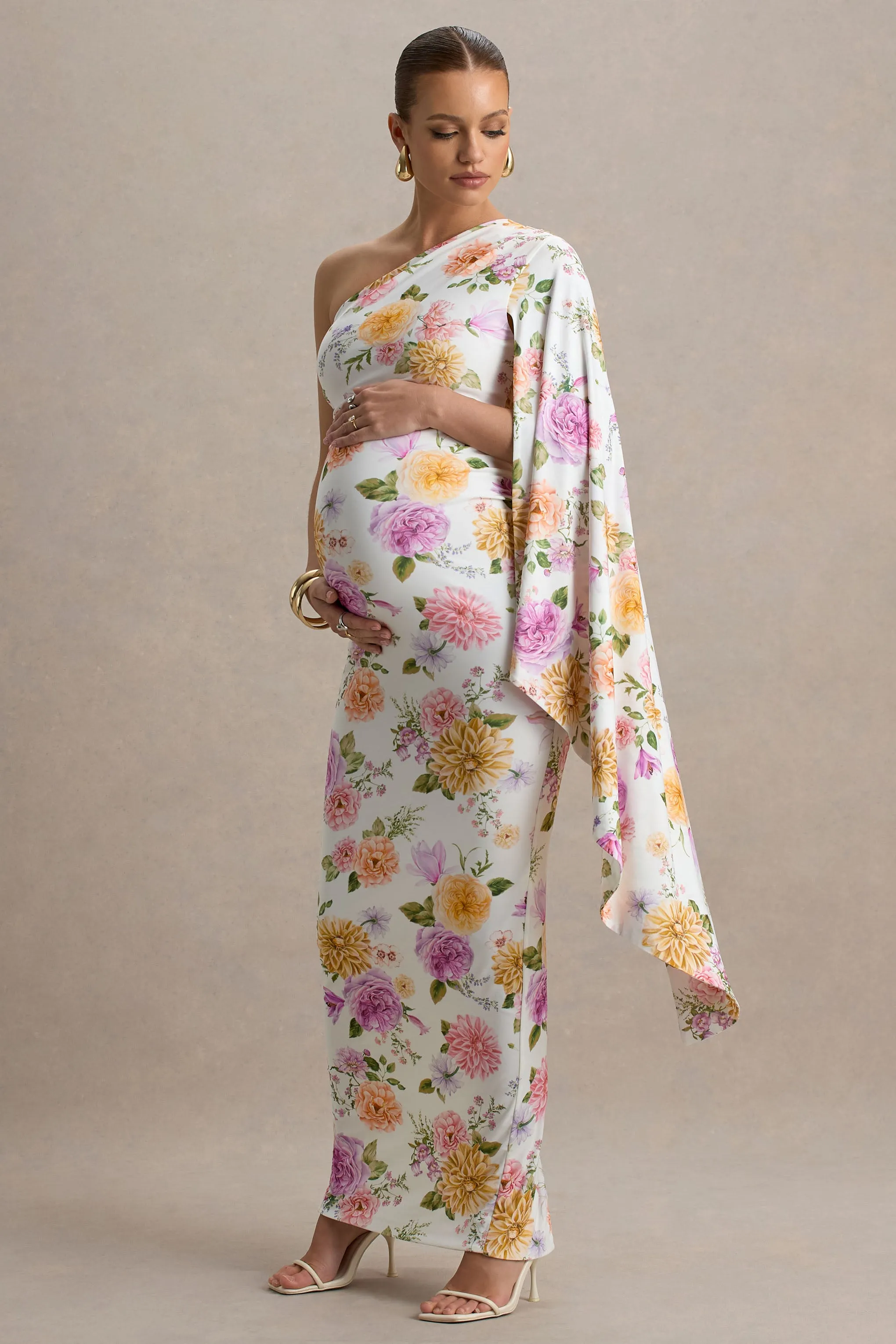 Aliana | Peach And Lilac Floral Print Asymmetric Maternity Maxi Dress With Ruched Detailing sold by Club L London product image thumbnail 5
