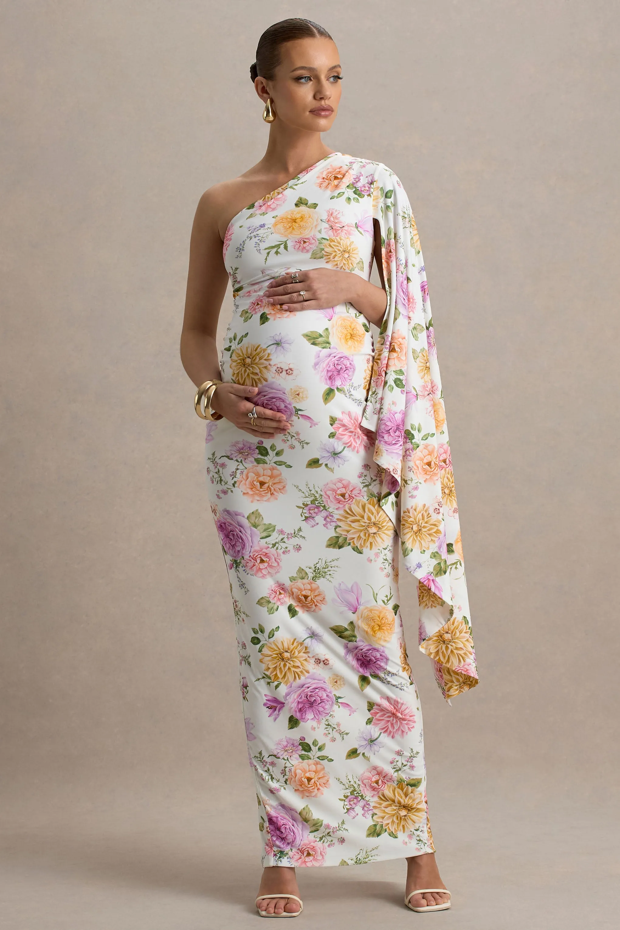 Aliana | Peach And Lilac Floral Print Asymmetric Maternity Maxi Dress With Ruched Detailing sold by Club L London product image thumbnail 4