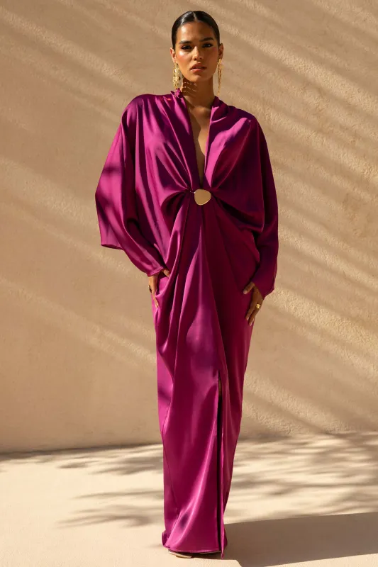 Tina | Pink Satin Plunge-Neck Embellished Maxi Dress sold by Club L London