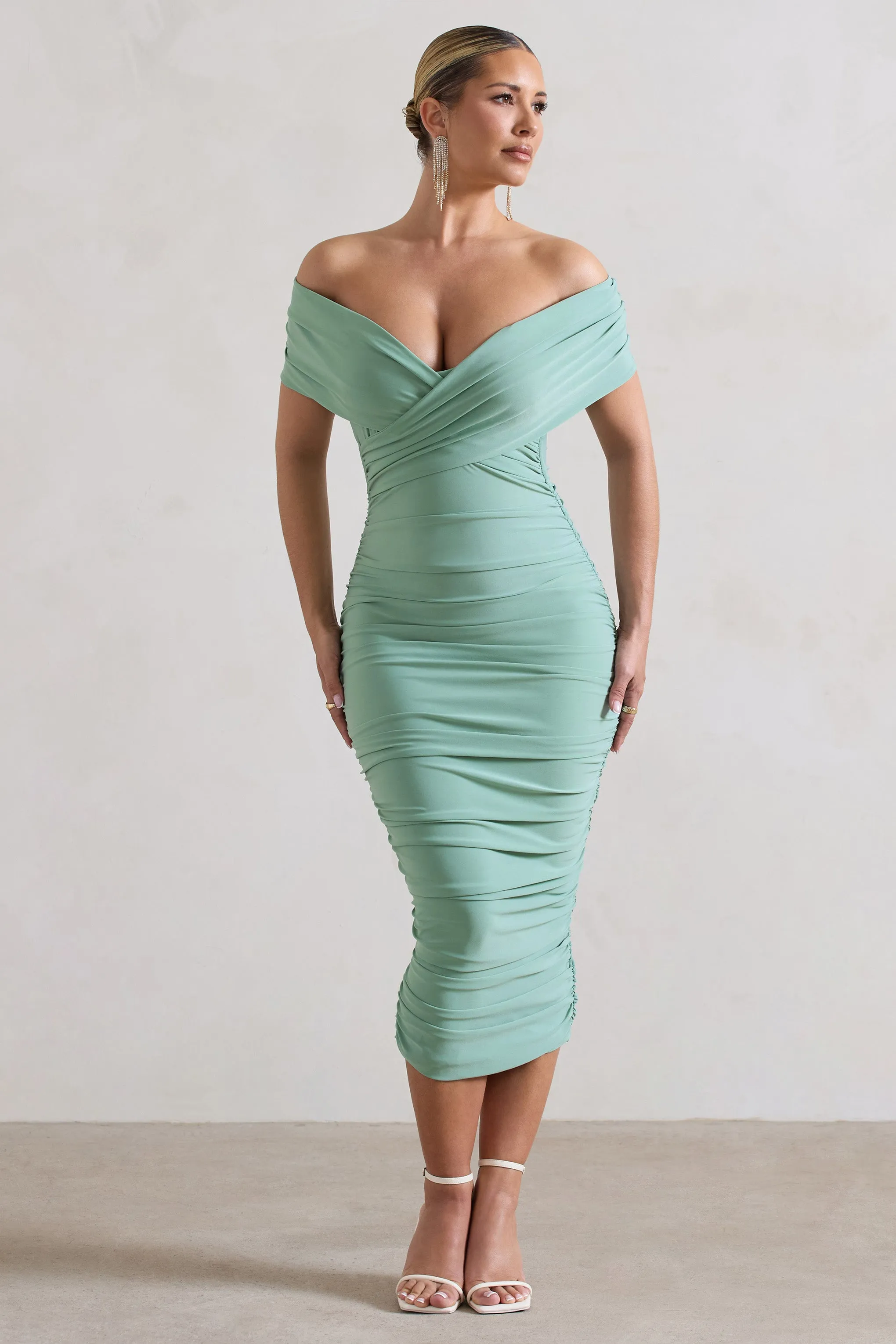 Unwrapped | Sage Ruched Twist Bardot Midi Dress sold by Club L London