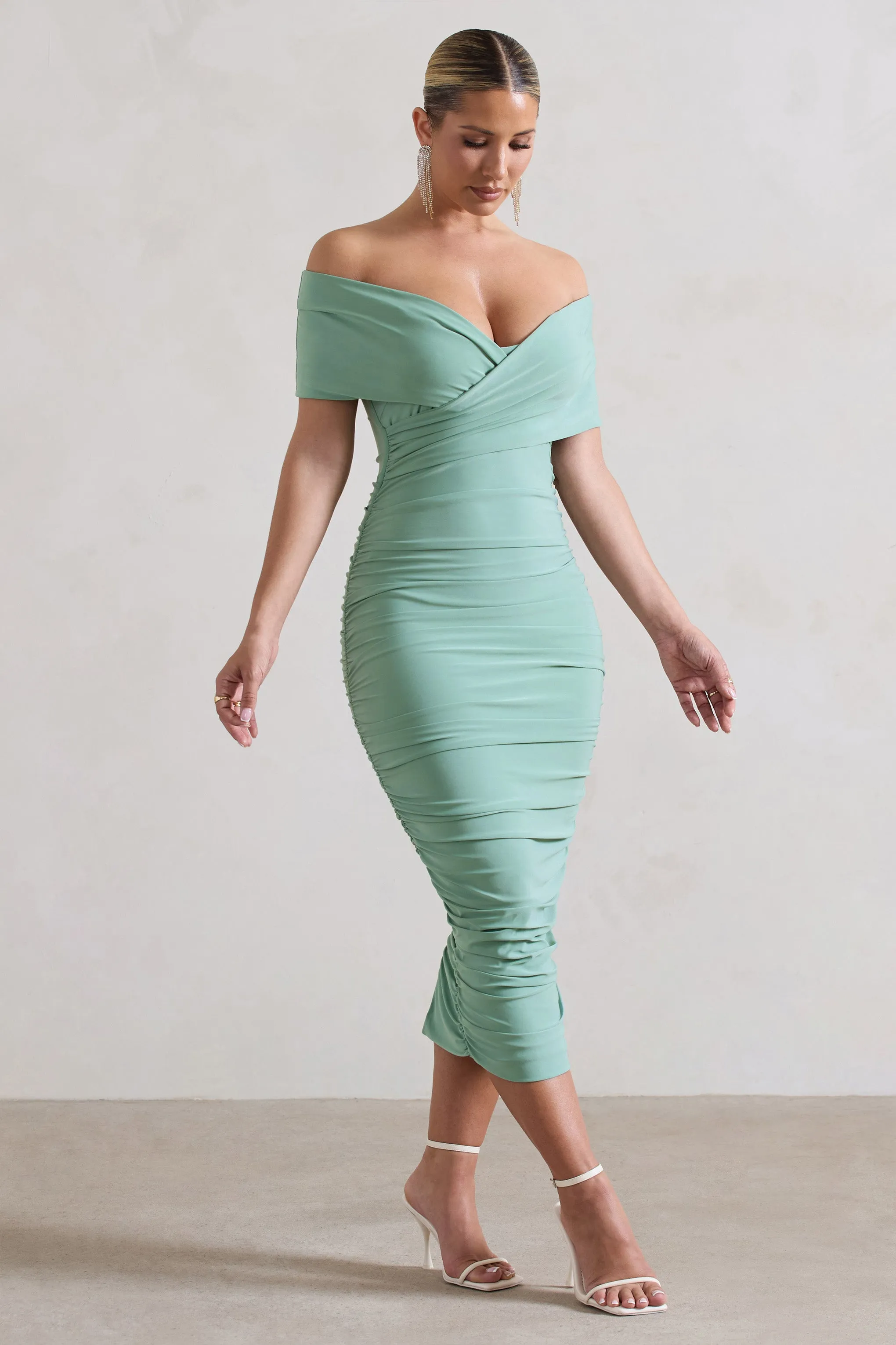 Unwrapped | Sage Ruched Twist Bardot Midi Dress sold by Club L London product image thumbnail 5