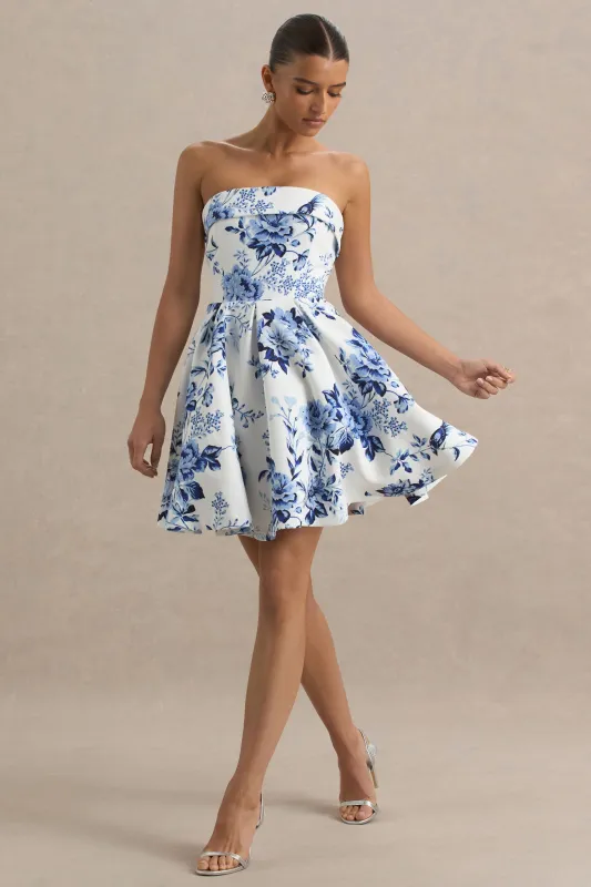 Fiorenza | Blue Porcelain Print Bandeau Mini Dress With Volume Skirt sold by Club L London