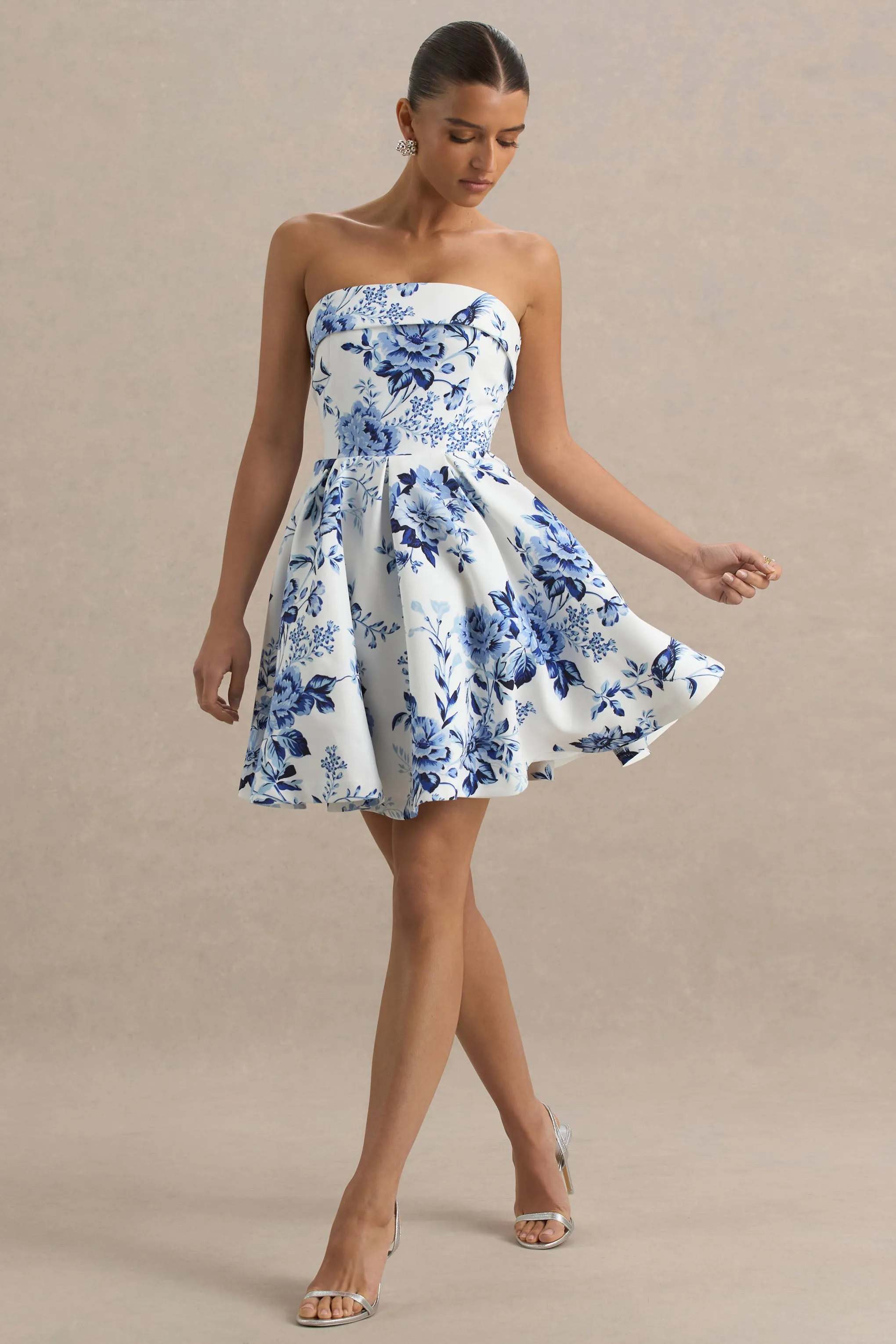 Fiorenza | Blue Porcelain Print Bandeau Mini Dress With Volume Skirt sold by Club L London