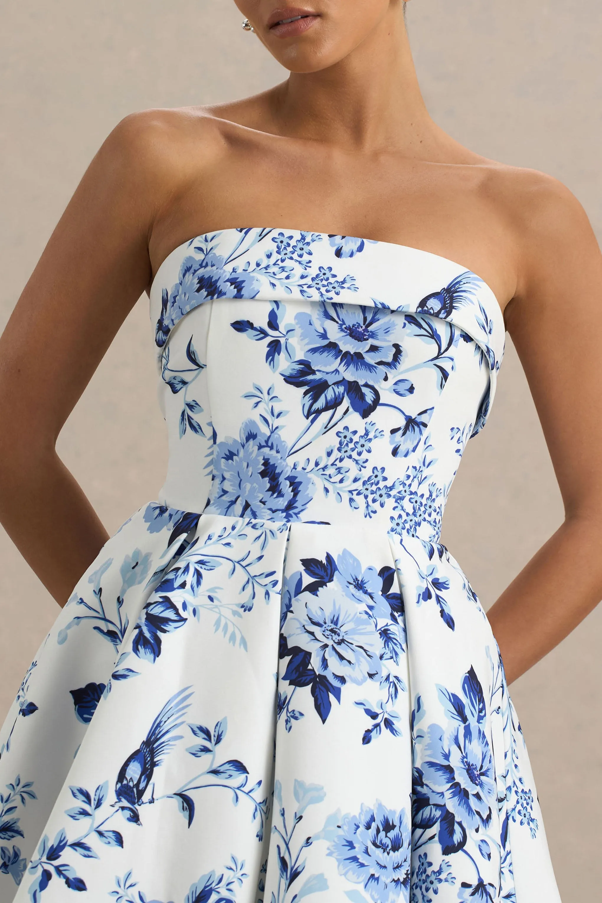 Fiorenza | Blue Porcelain Print Bandeau Mini Dress With Volume Skirt sold by Club L London product image thumbnail 3