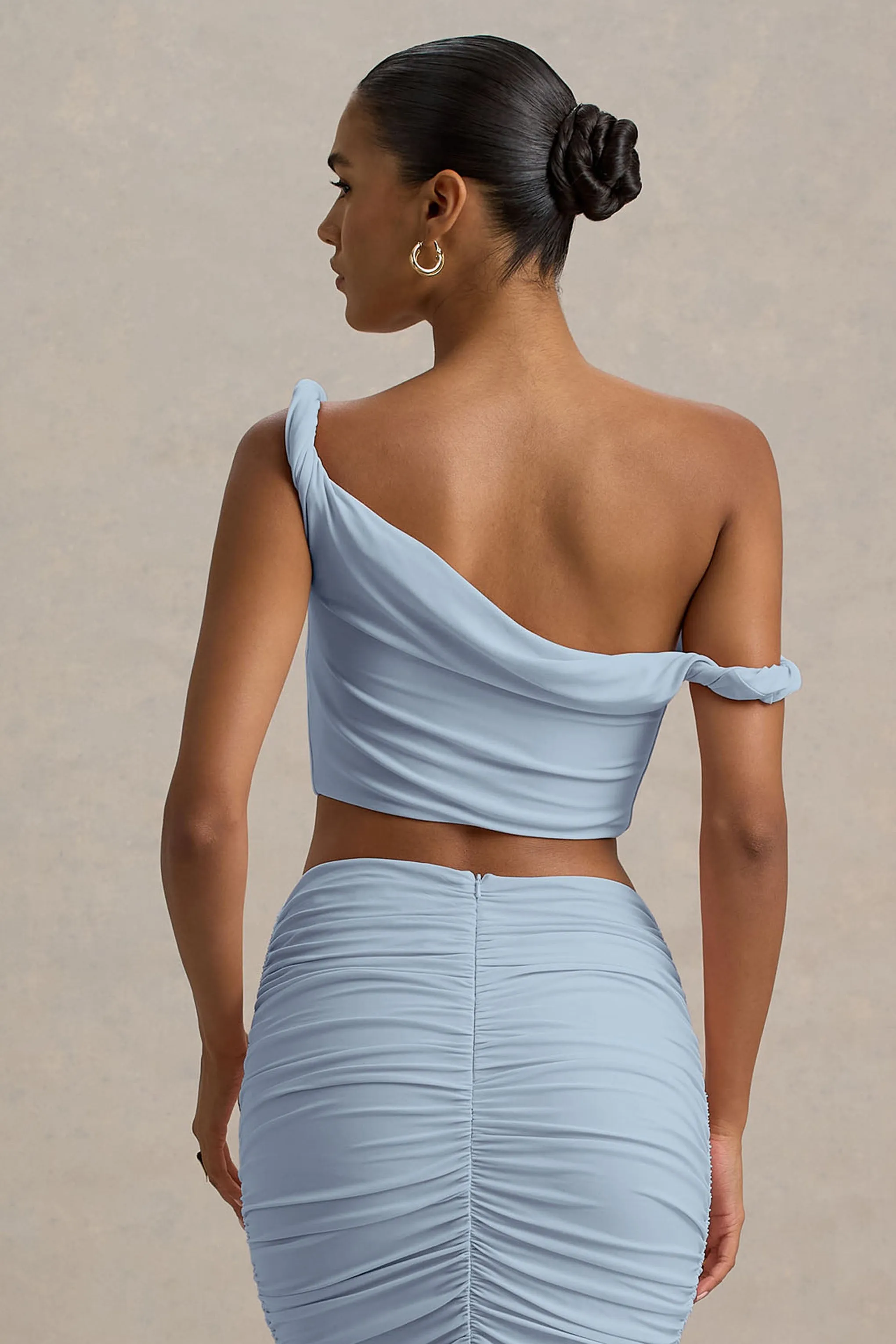 Ariel | Powder Blue Twisted Asymmetric Crop Top sold by Club L London product image thumbnail 2
