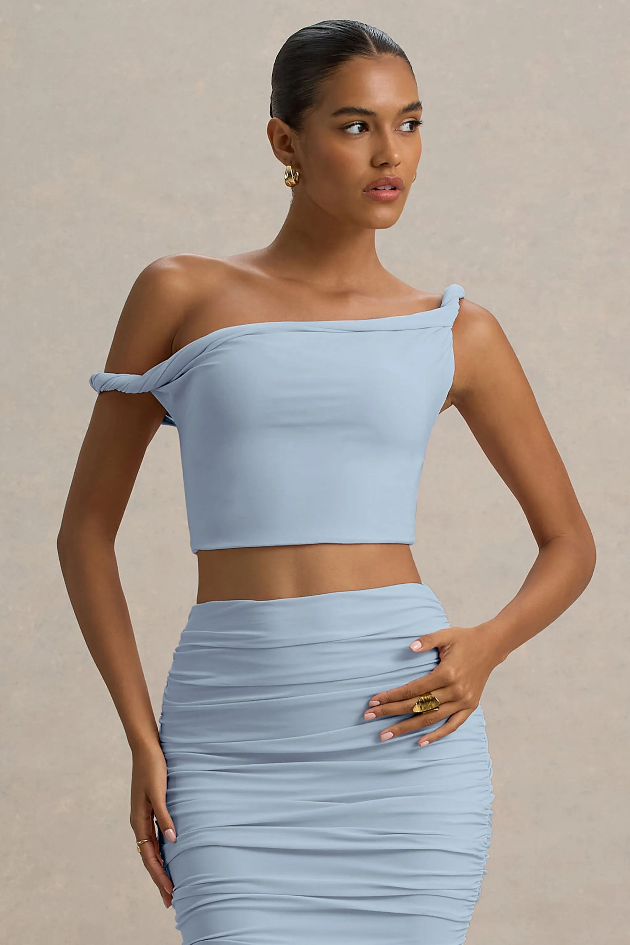 Ariel | Powder Blue Twisted Asymmetric Crop Top sold by Club L London product image thumbnail 5