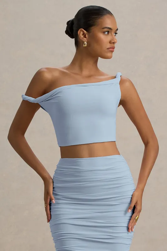 Ariel | Powder Blue Twisted Asymmetric Crop Top sold by Club L London
