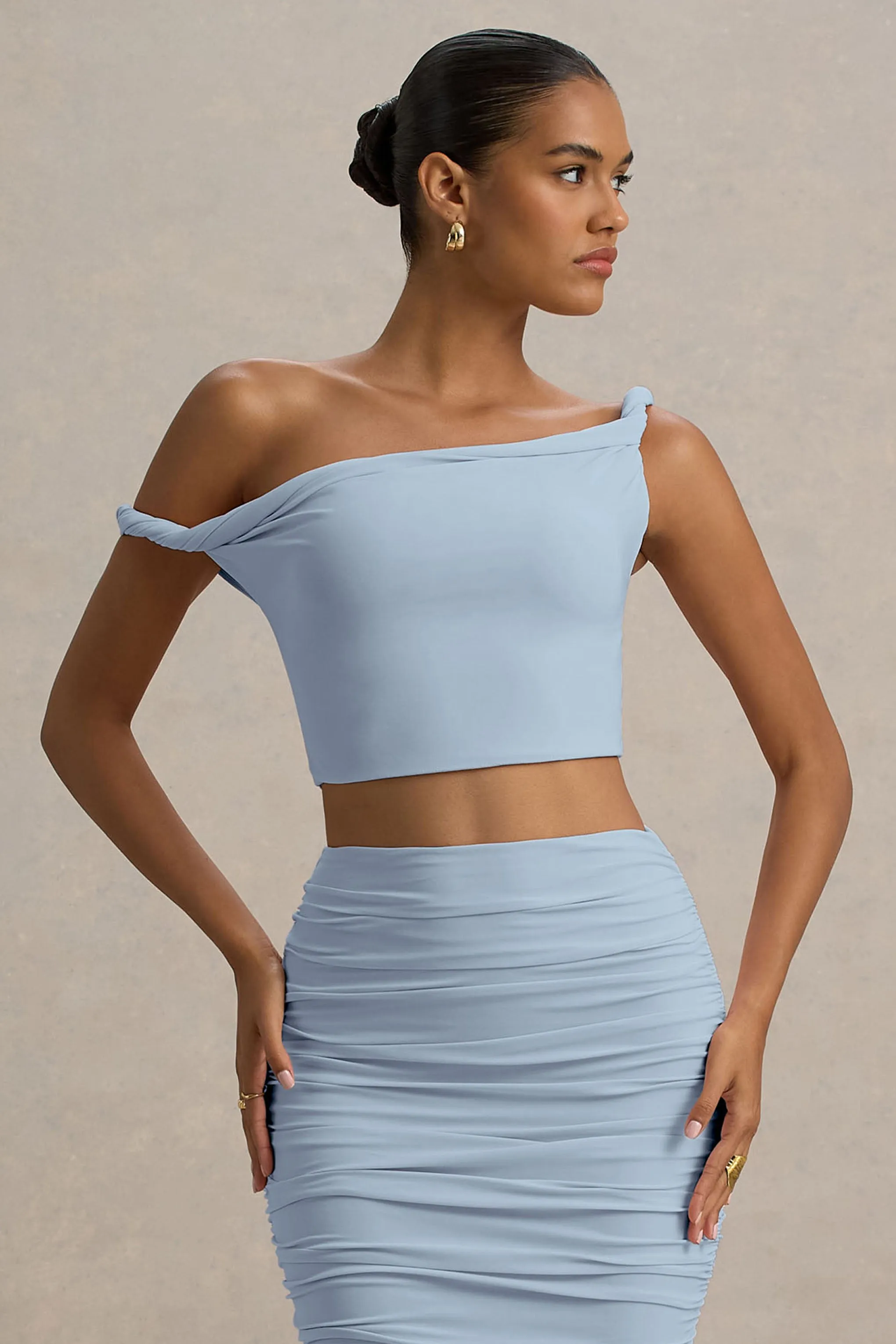 Ariel | Powder Blue Twisted Asymmetric Crop Top sold by Club L London