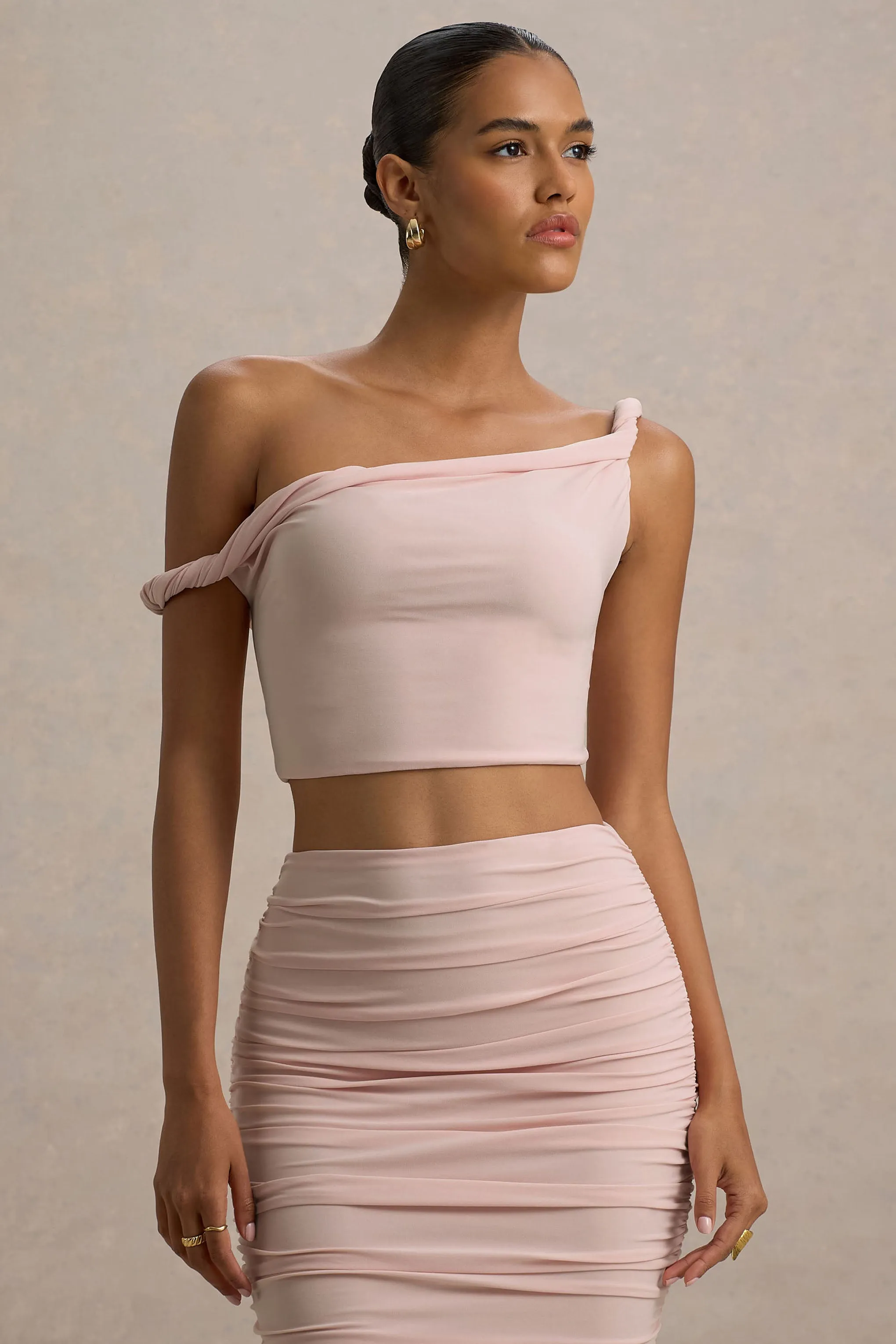 Ariel | Light Pink Twisted Asymmetric Crop Top sold by Club L London product image thumbnail 5