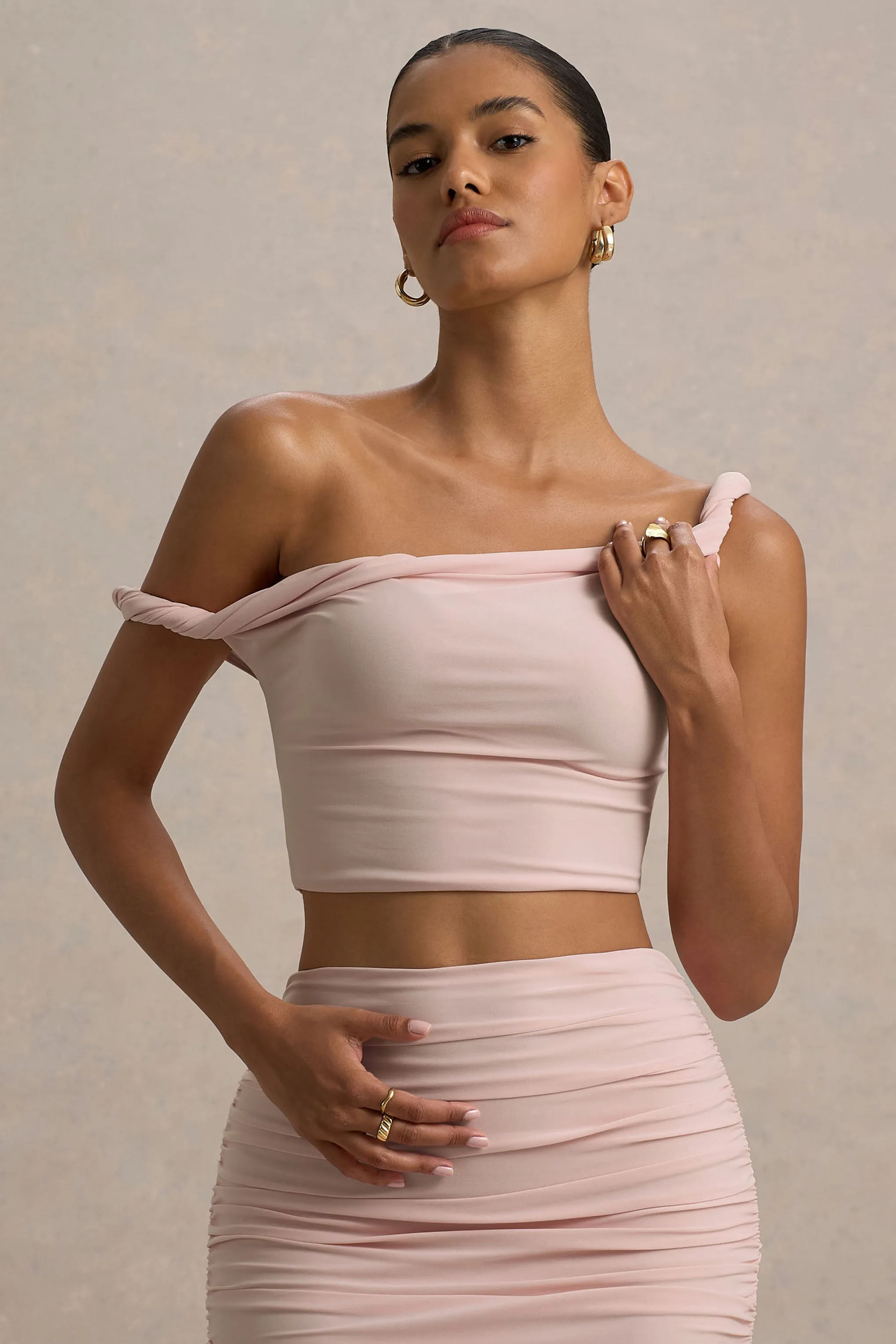 Ariel | Light Pink Twisted Asymmetric Crop Top sold by Club L London product image thumbnail 4