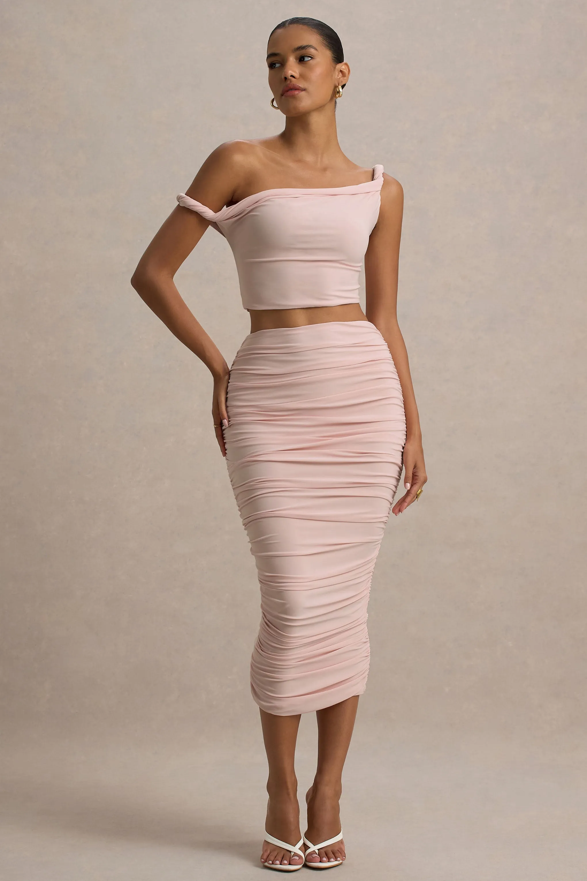 Lively | Light Pink Ruched Midi Skirt sold by Club L London