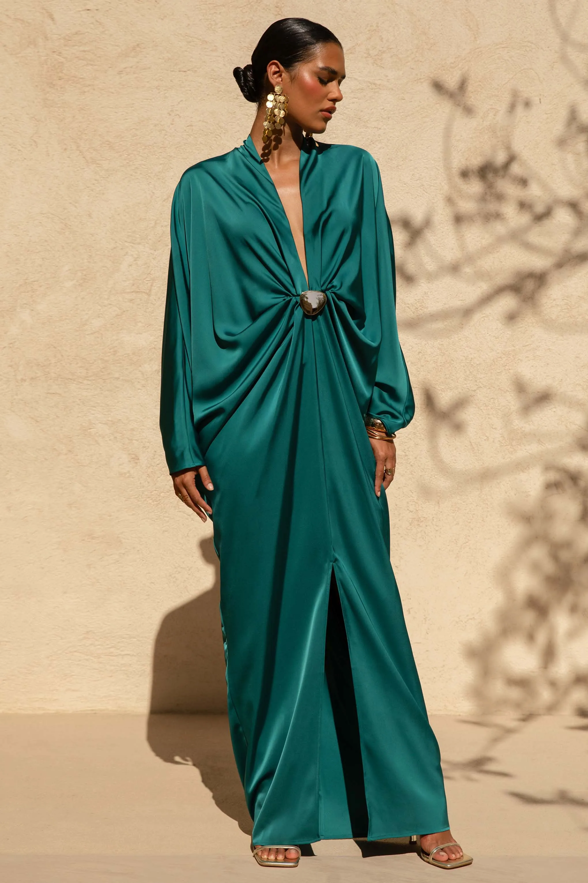 Tina | Dark Green Satin Plunge-Neck Embellished Maxi Dress sold by Club L London product image thumbnail 5
