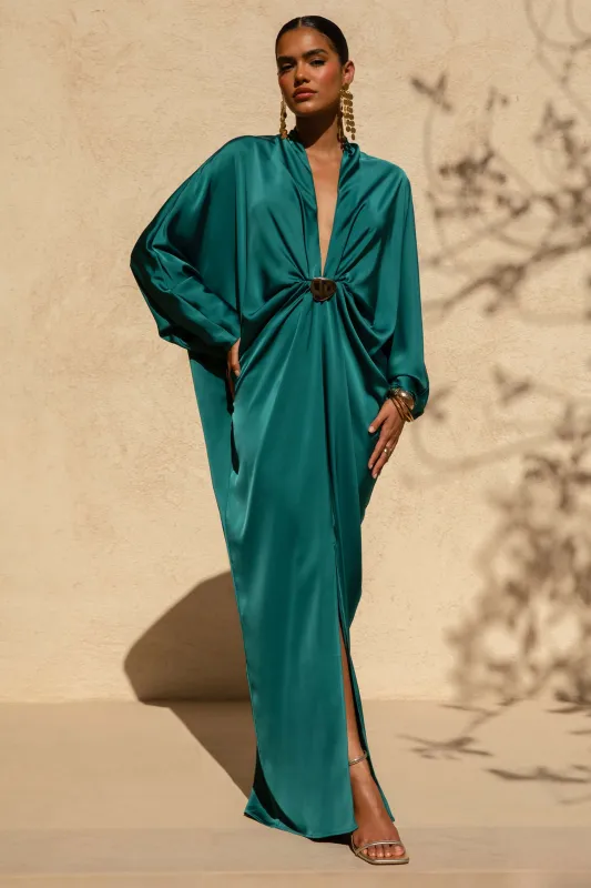 Tina | Dark Green Satin Plunge-Neck Embellished Maxi Dress sold by Club L London