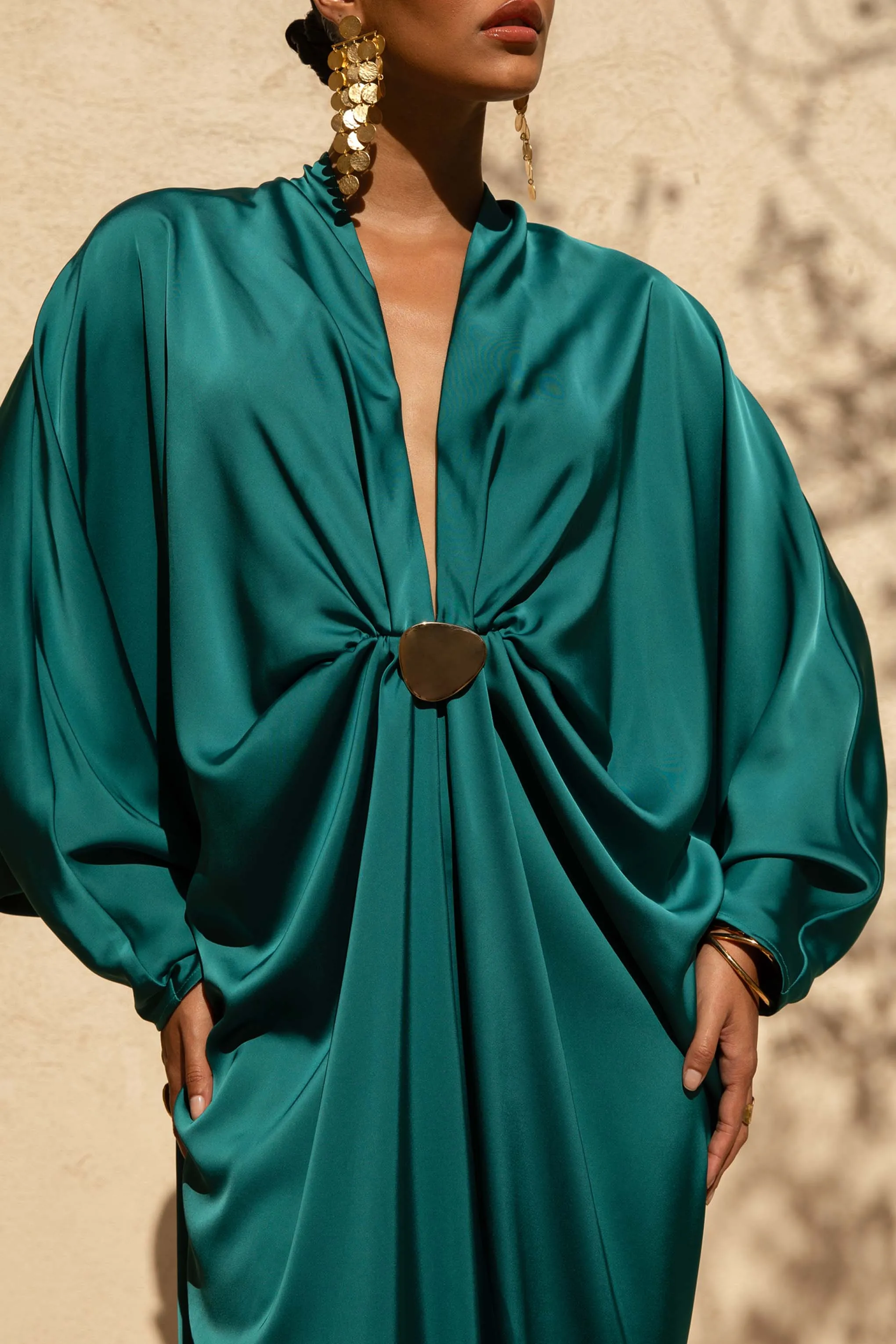 Tina | Dark Green Satin Plunge-Neck Embellished Maxi Dress sold by Club L London product image thumbnail 3