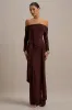 Jovie | Brown Bardot Wrap Maxi Dress With Sash Detail sold by Club L London