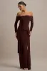 Jovie | Brown Bardot Wrap Maxi Dress With Sash Detail sold by Club L London