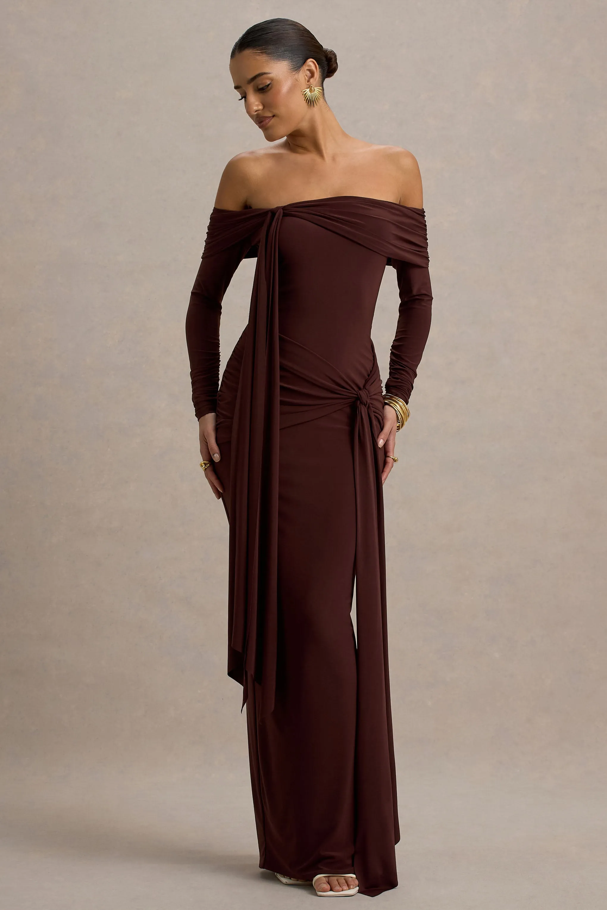 Jovie | Brown Bardot Wrap Maxi Dress With Sash Detail sold by Club L London product image thumbnail 5