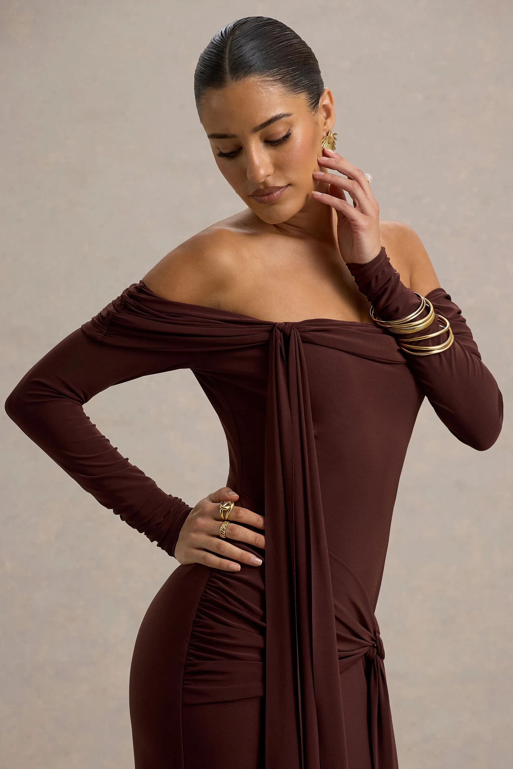 Jovie | Brown Bardot Wrap Maxi Dress With Sash Detail sold by Club L London product image thumbnail 3