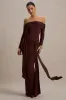 Jovie | Brown Bardot Wrap Maxi Dress With Sash Detail sold by Club L London