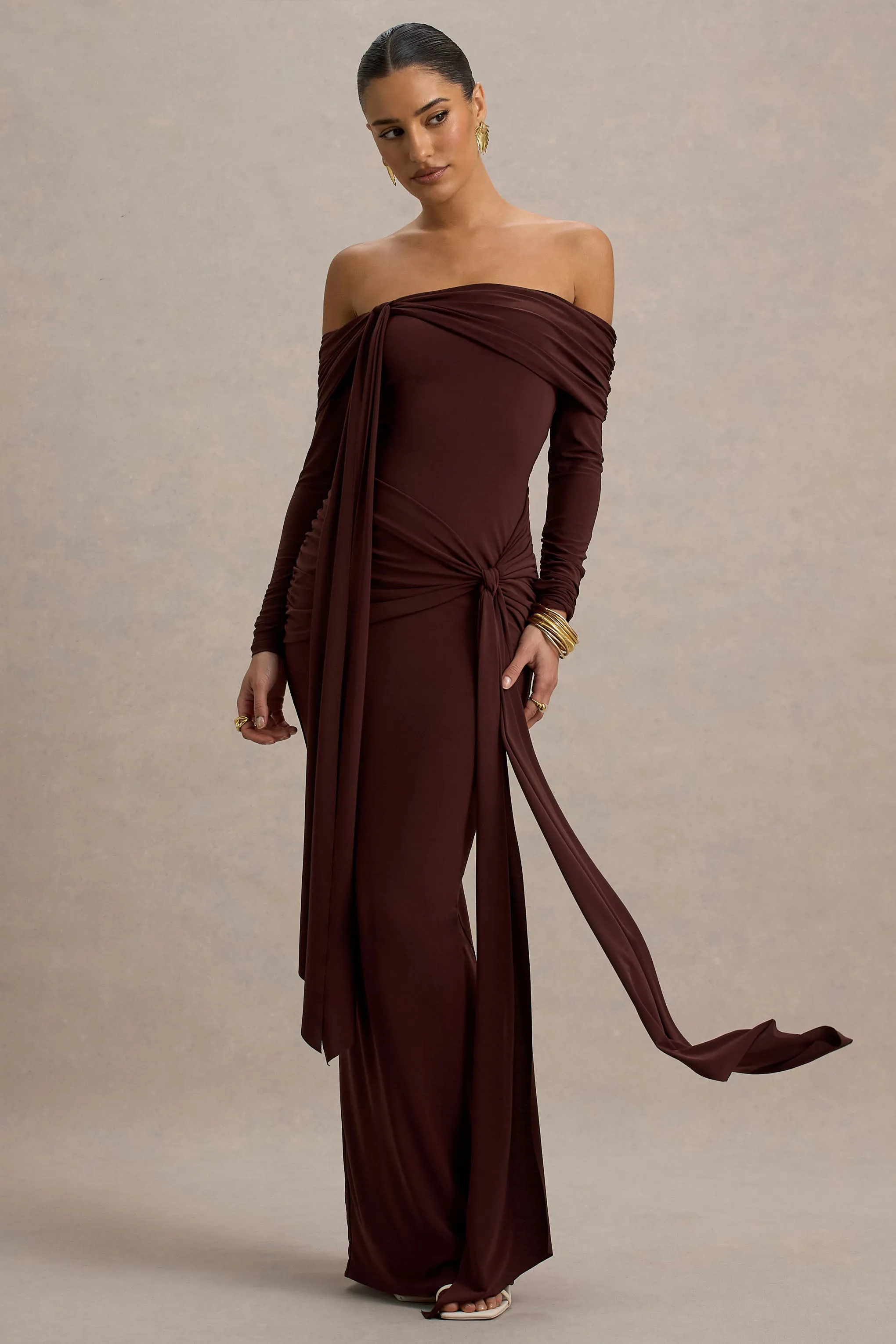Jovie | Brown Bardot Wrap Maxi Dress With Sash Detail sold by Club L London product image thumbnail 2