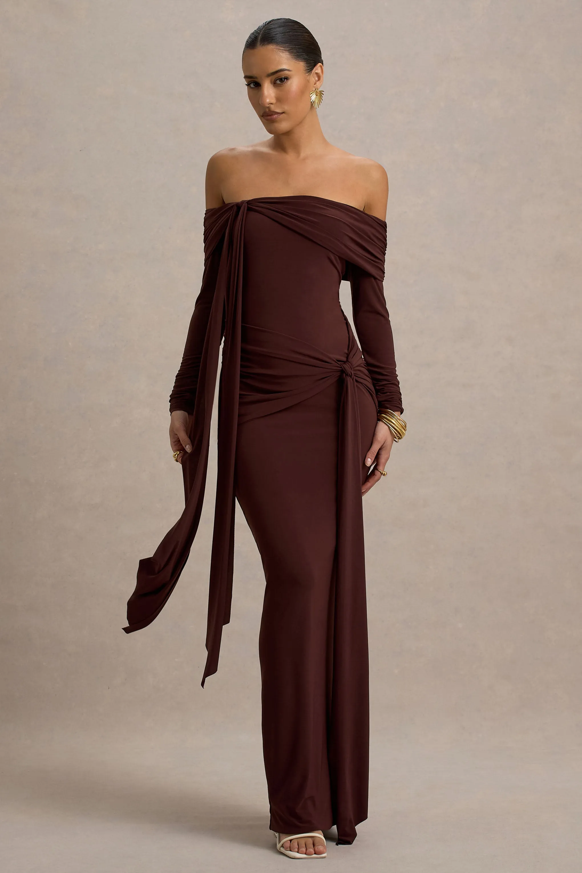 Jovie | Brown Bardot Wrap Maxi Dress With Sash Detail sold by Club L London