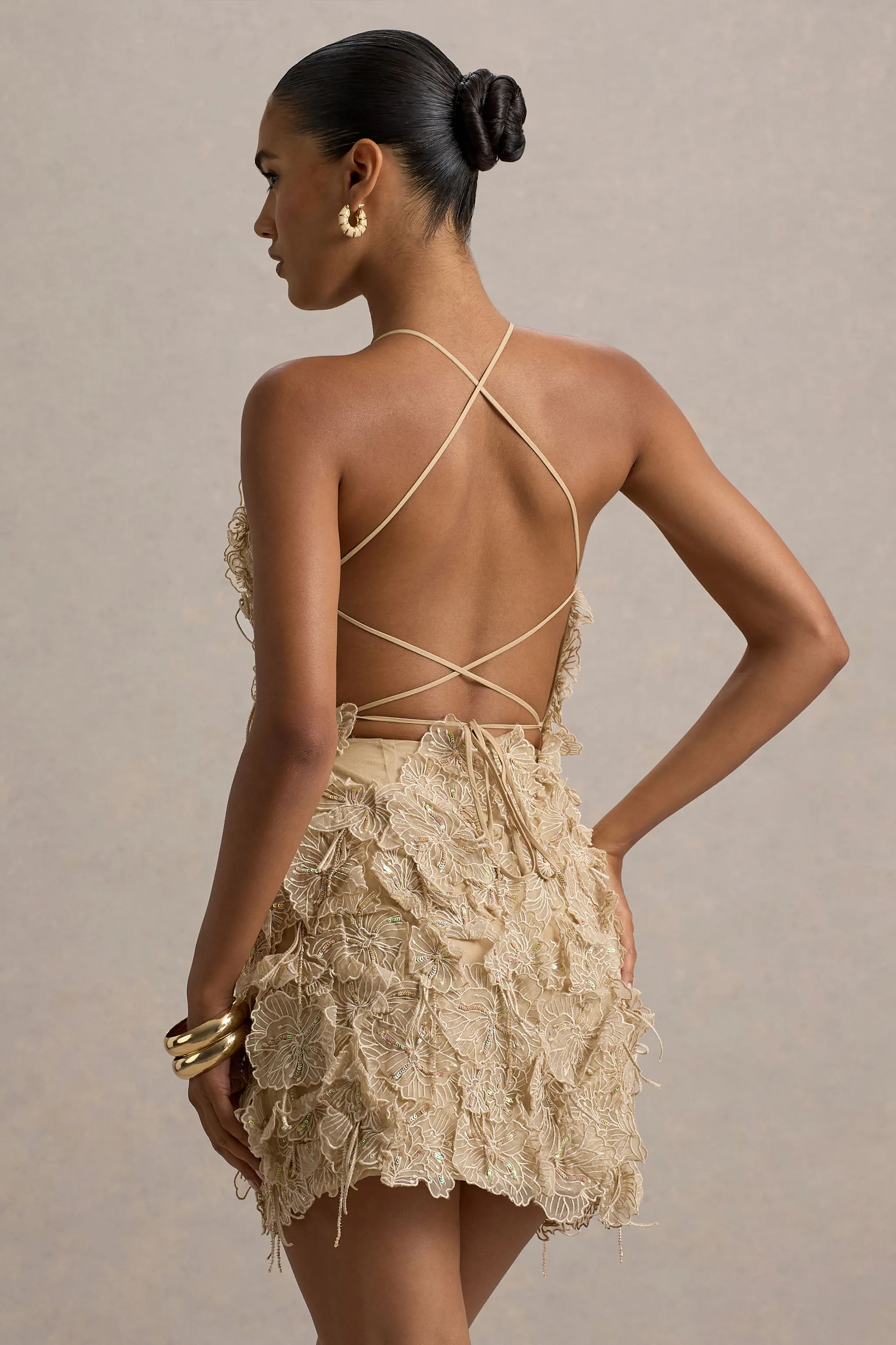 Kamara | Nude Sequin Floral Halter-Neck Mini Dress sold by Club L London product image thumbnail 3