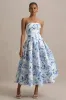 Alaina | Blue Porcelain Print Bandeau Midi Dress With Volume Skirt sold by Club L London