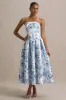 Alaina | Blue Porcelain Print Bandeau Midi Dress With Volume Skirt sold by Club L London