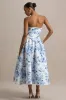 Alaina | Blue Porcelain Print Bandeau Midi Dress With Volume Skirt sold by Club L London