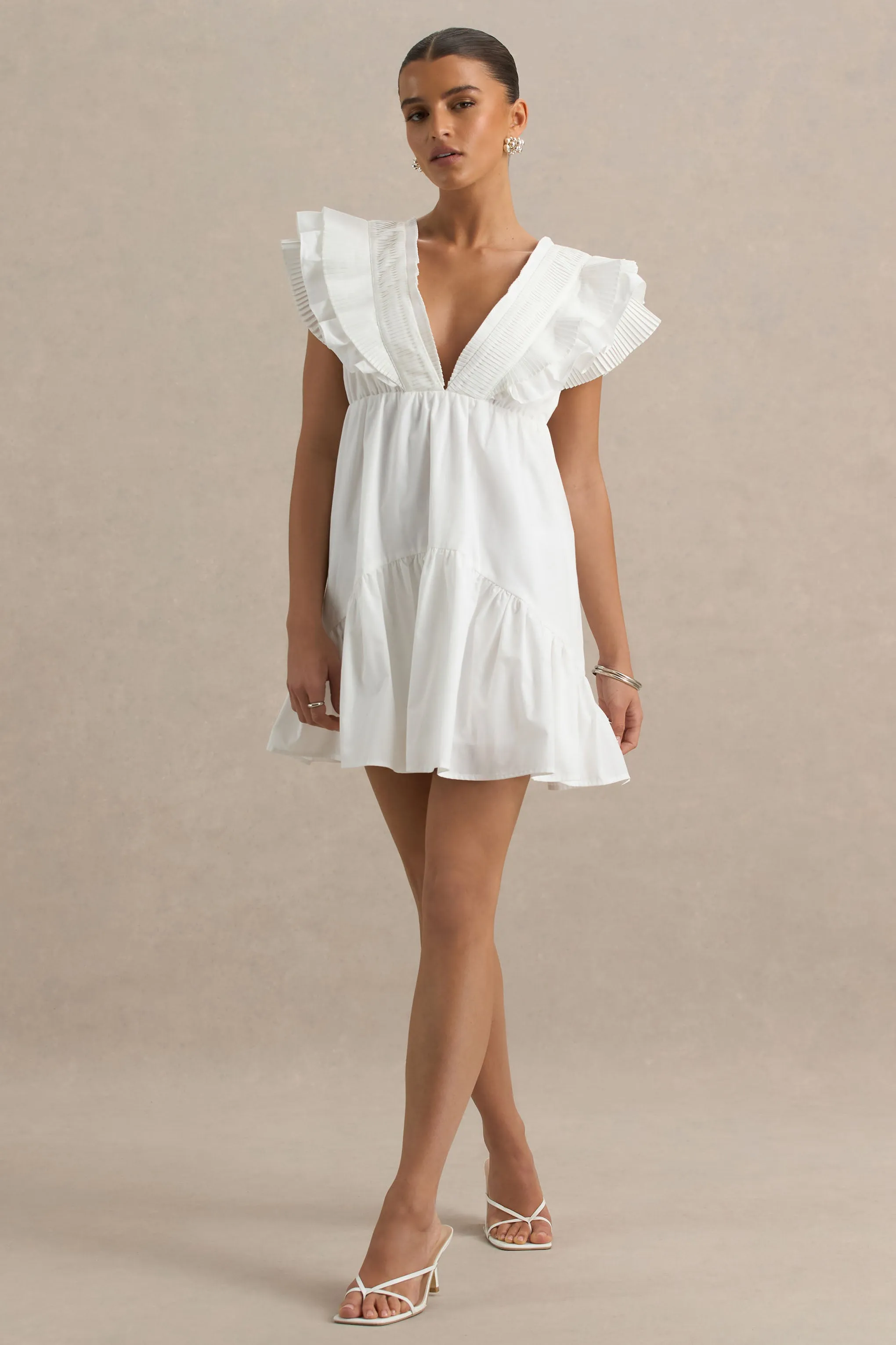 Judie | White Poplin V-Neck Ruffled Mini Dress sold by Club L London product image thumbnail 4