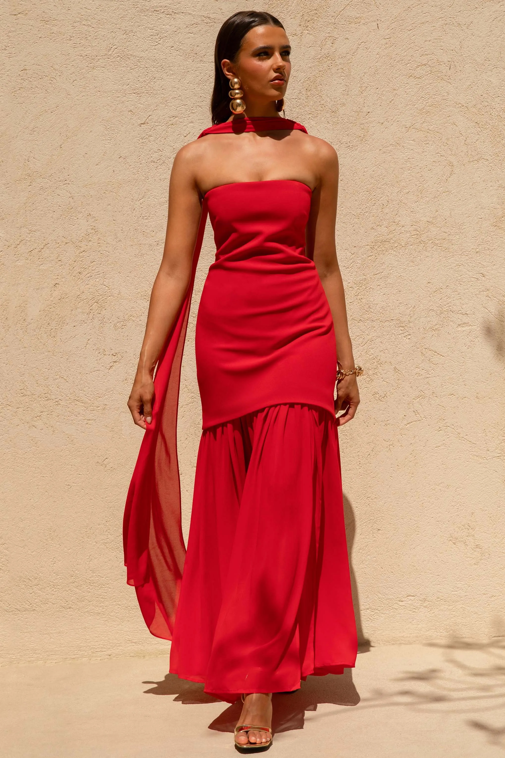 Kylie | Red High-Neck Maxi Dress With Chiffon Skirt sold by Club L London