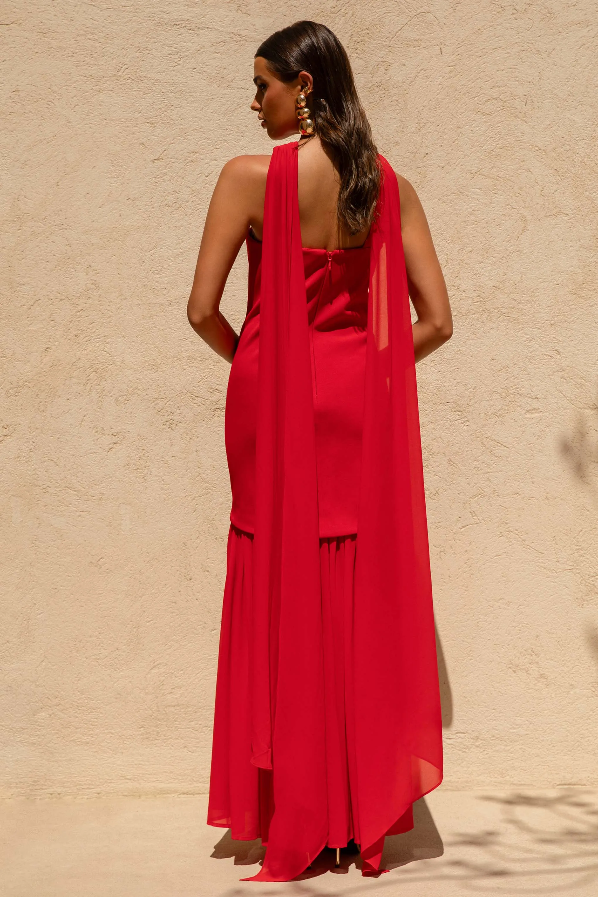 Kylie | Red High-Neck Maxi Dress With Chiffon Skirt sold by Club L London product image thumbnail 2