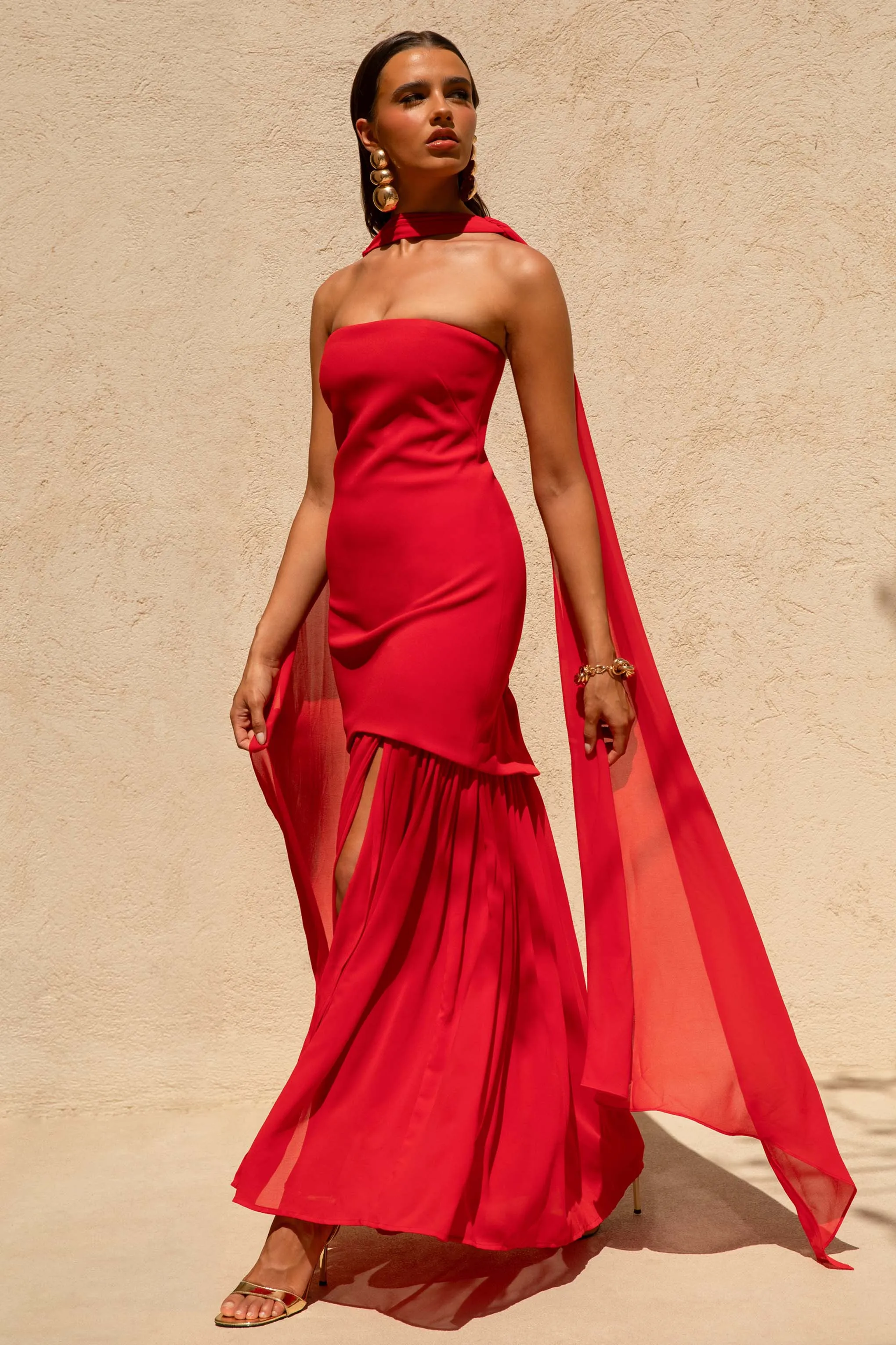 Kylie | Red High-Neck Maxi Dress With Chiffon Skirt sold by Club L London product image thumbnail 4