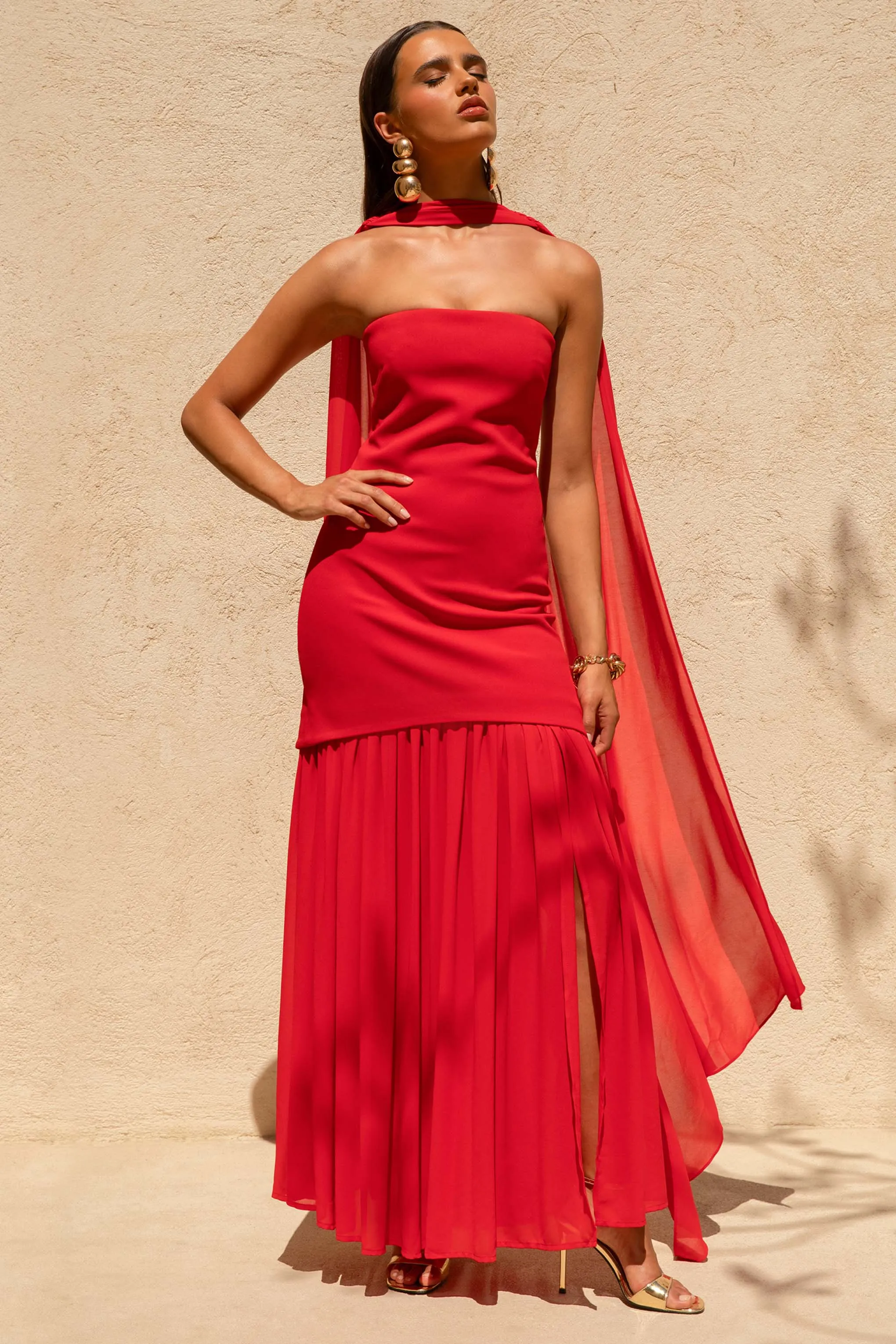 Kylie | Red High-Neck Maxi Dress With Chiffon Skirt sold by Club L London product image thumbnail 5