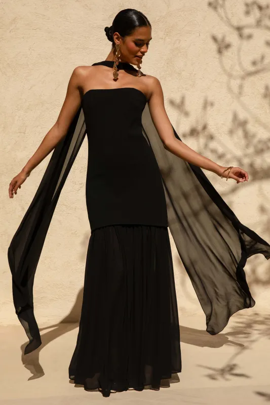 Kylie | Black High-Neck Maxi Dress With Chiffon Skirt sold by Club L London