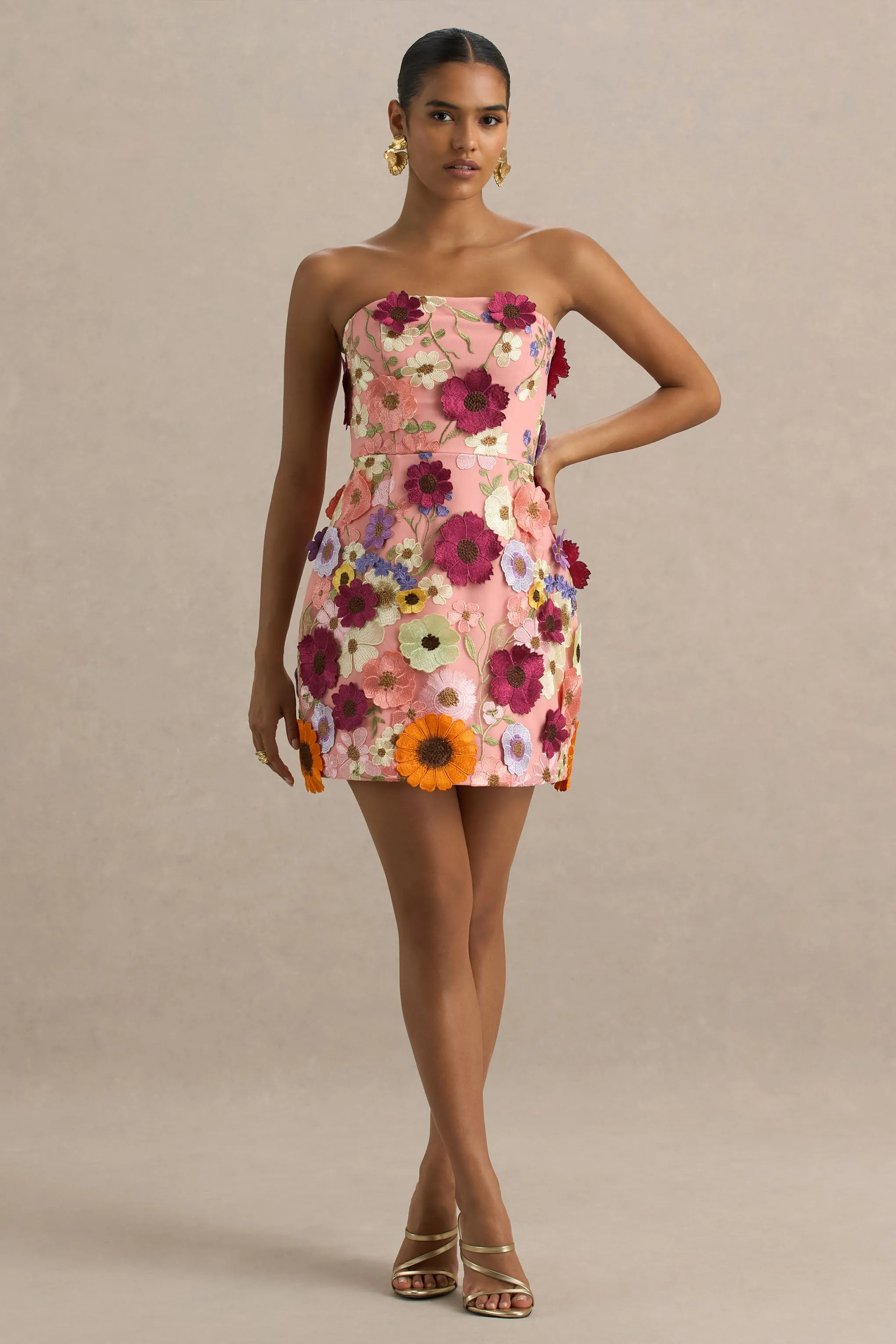 Kristen | Pink Floral Bandeau-Neck Mini Dress sold by Club L London product image thumbnail 4