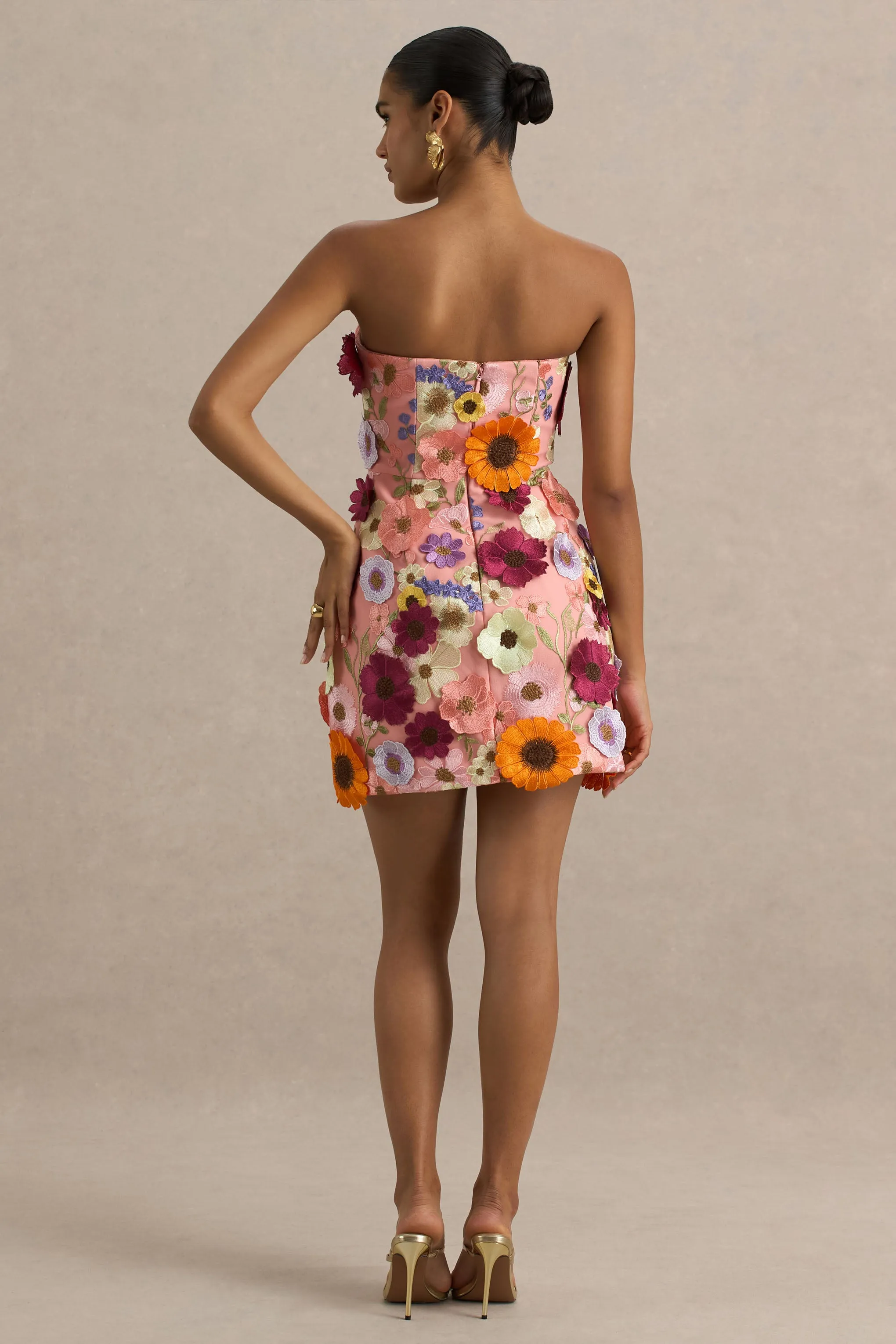 Kristen | Pink Floral Bandeau-Neck Mini Dress sold by Club L London product image thumbnail 2