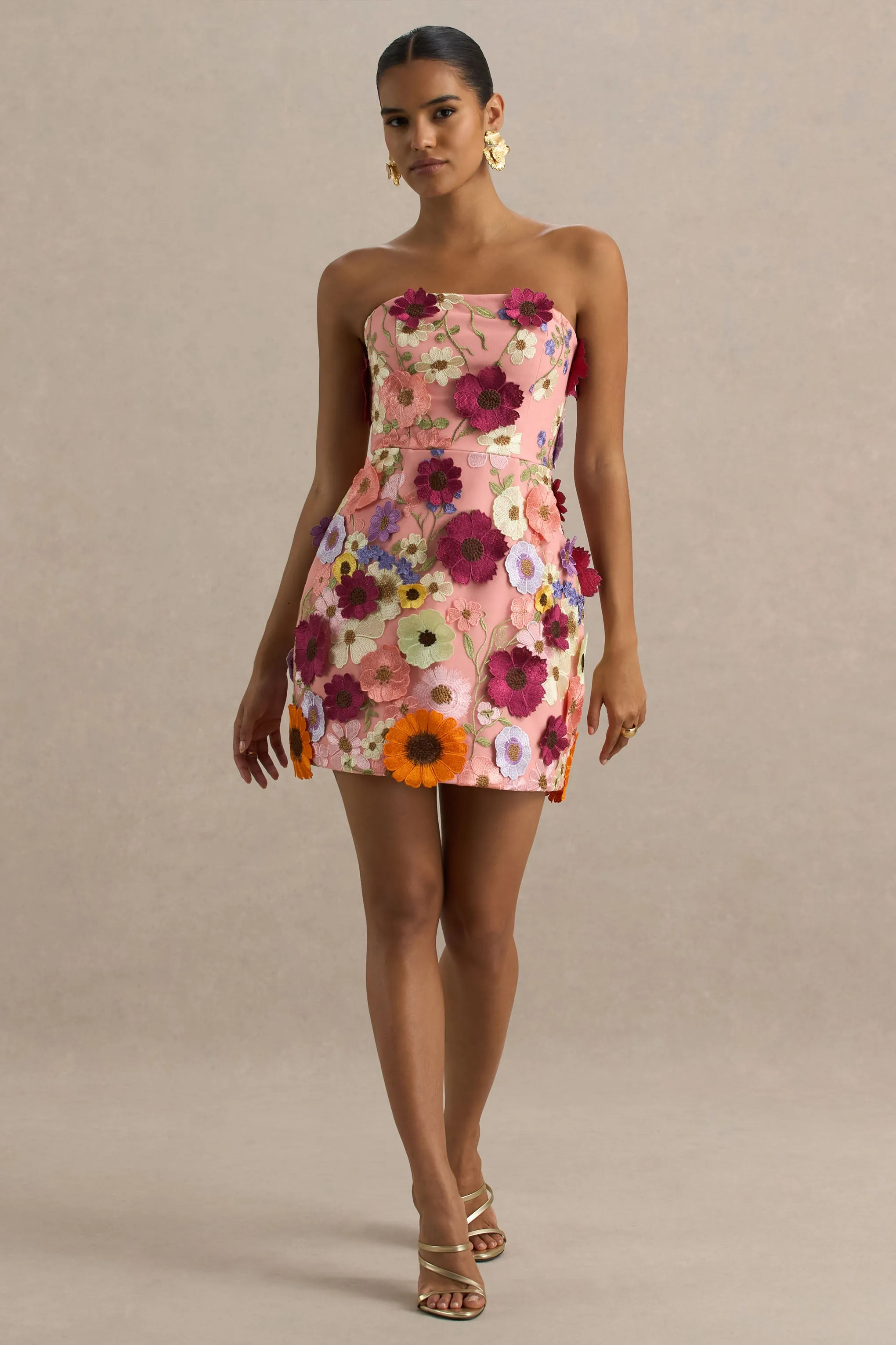 Kristen | Pink Floral Bandeau-Neck Mini Dress sold by Club L London