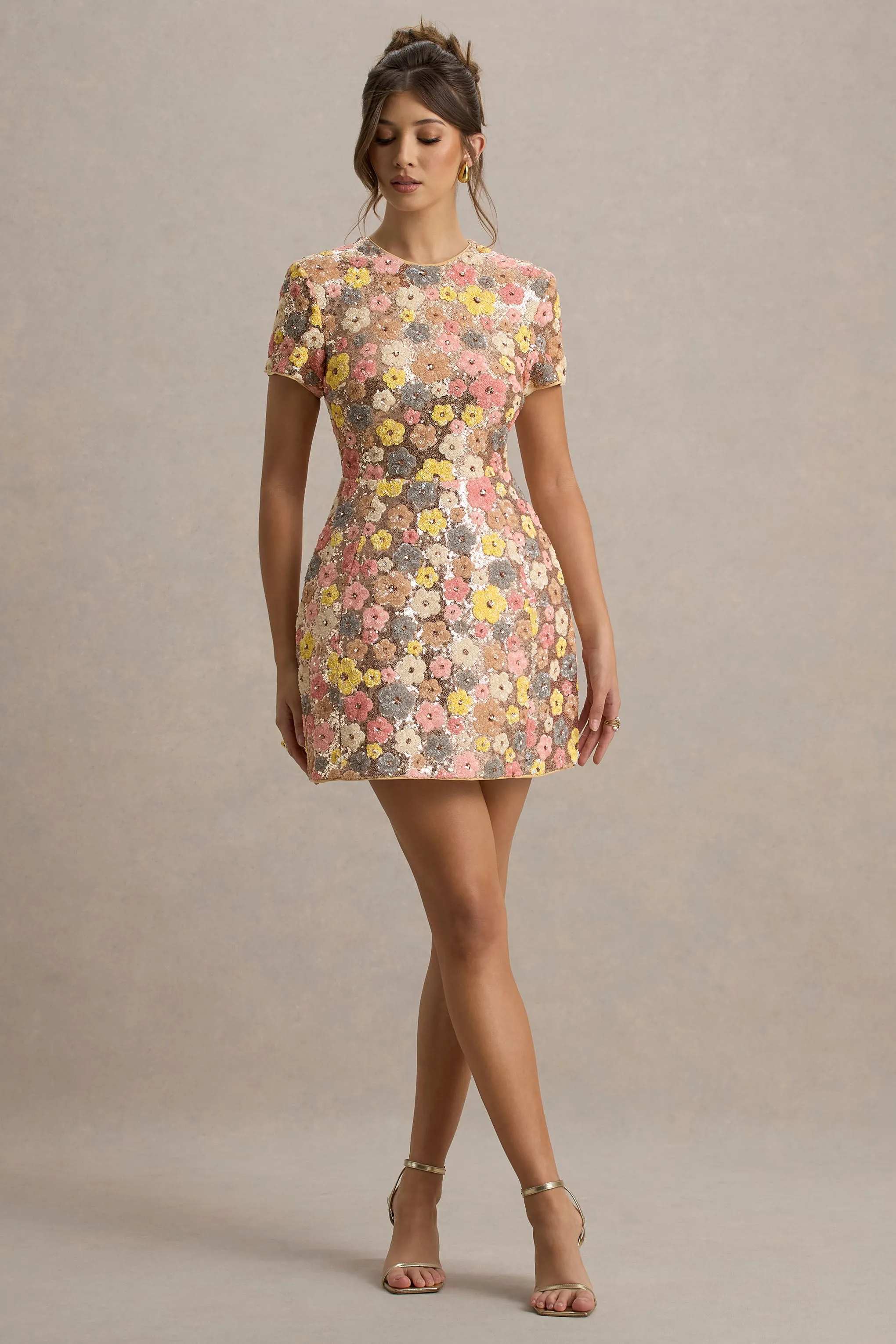 Eira | Pastel Floral Print Sequin Mini Dress sold by Club L London