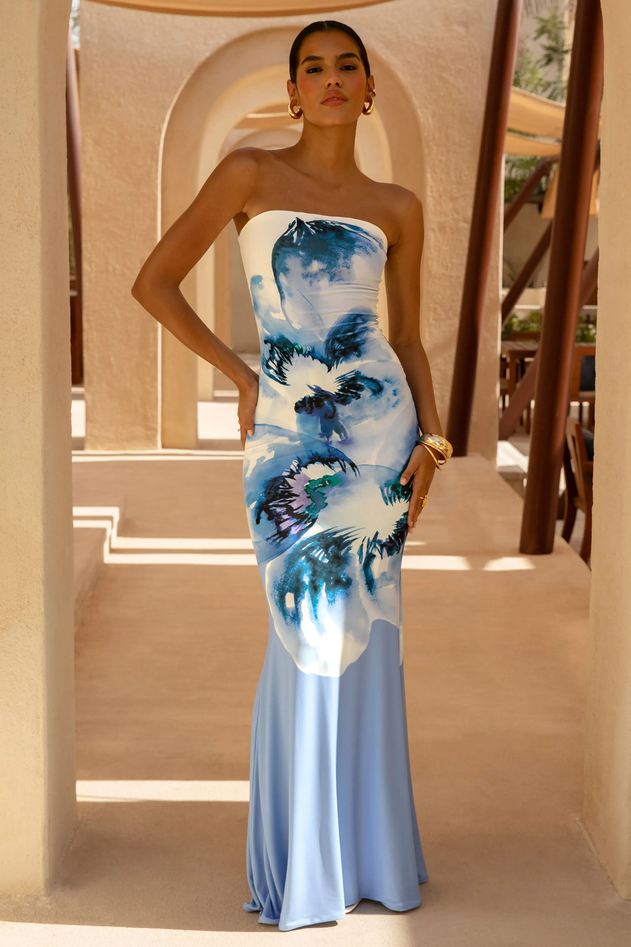 Ceremony | Large Blue Floral Print Bandeau Fishtail Maxi Dress sold by Club L London