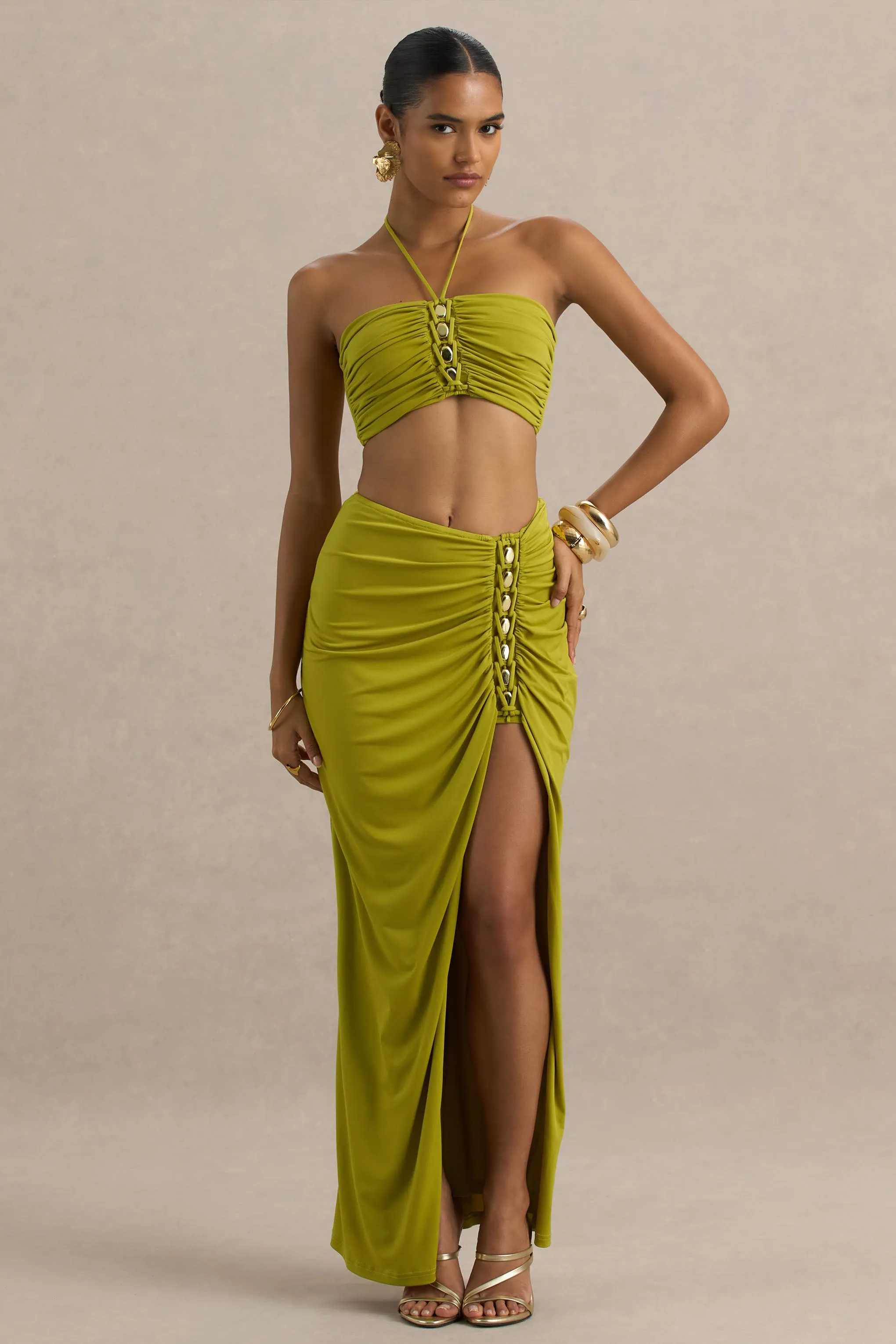 Coastline | Green Ruched Maxi Skirt With Split sold by Club L London product image thumbnail 3