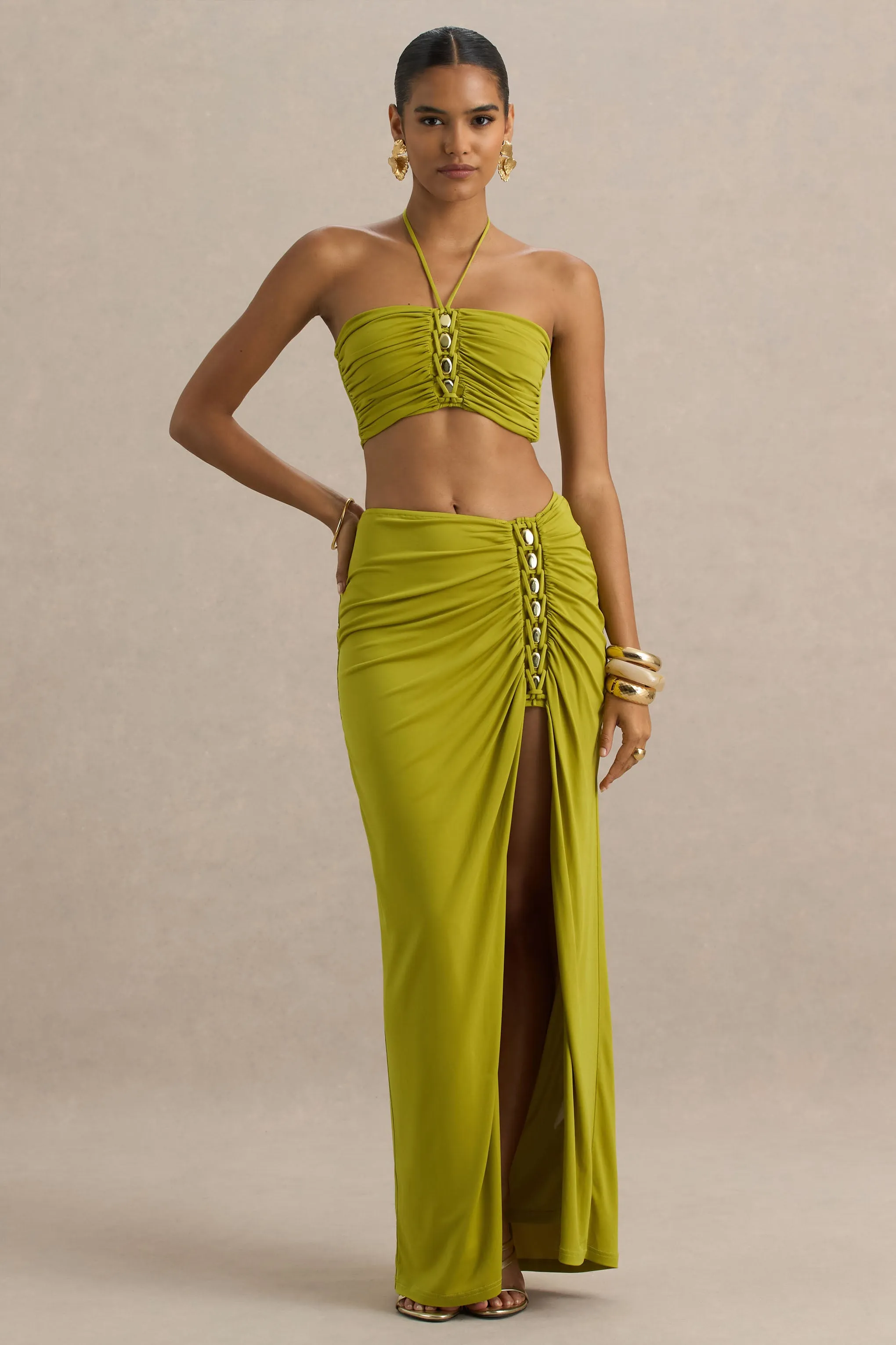 Coastline | Green Ruched Maxi Skirt With Split sold by Club L London