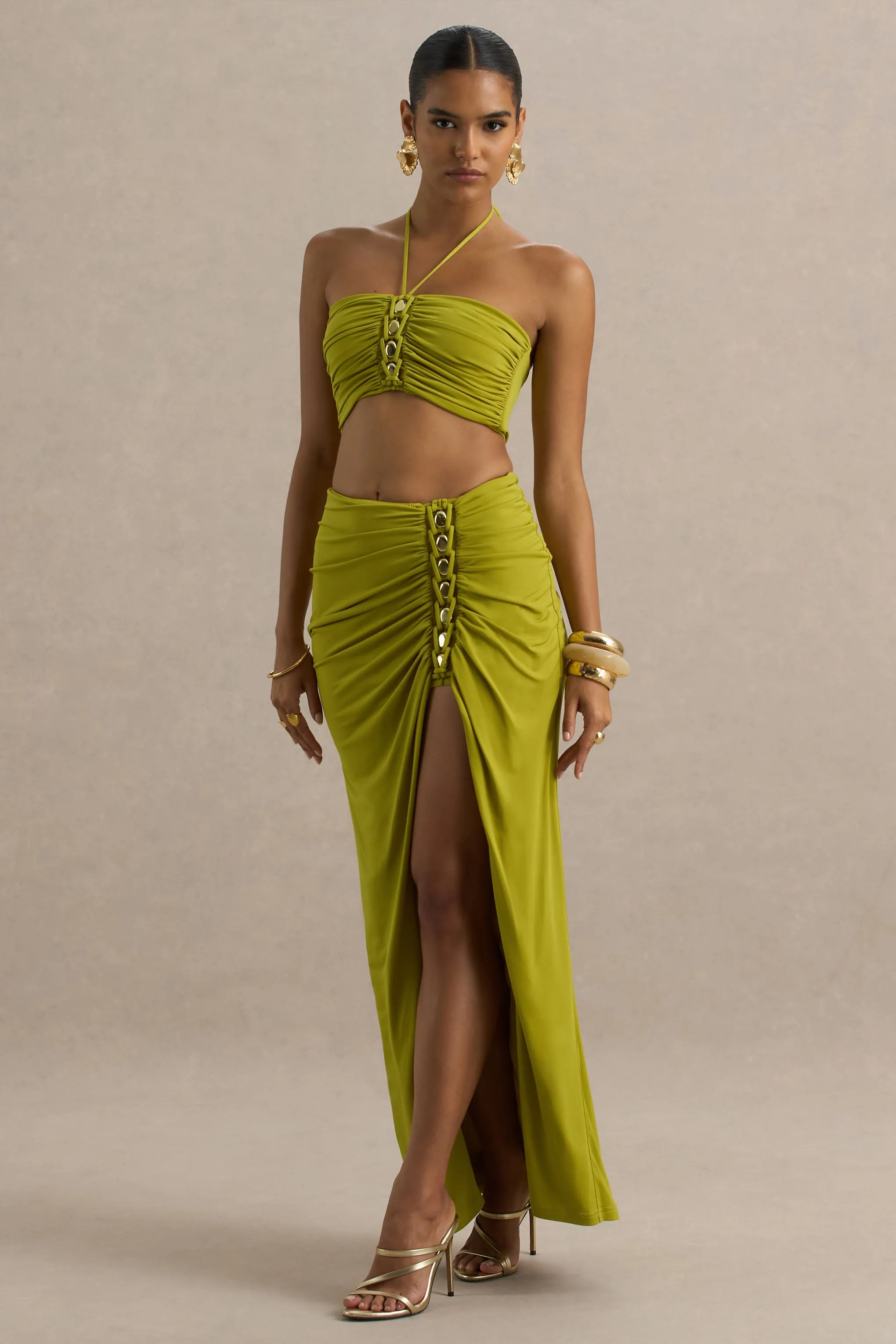Coastline | Green Ruched Maxi Skirt With Split sold by Club L London product image thumbnail 4