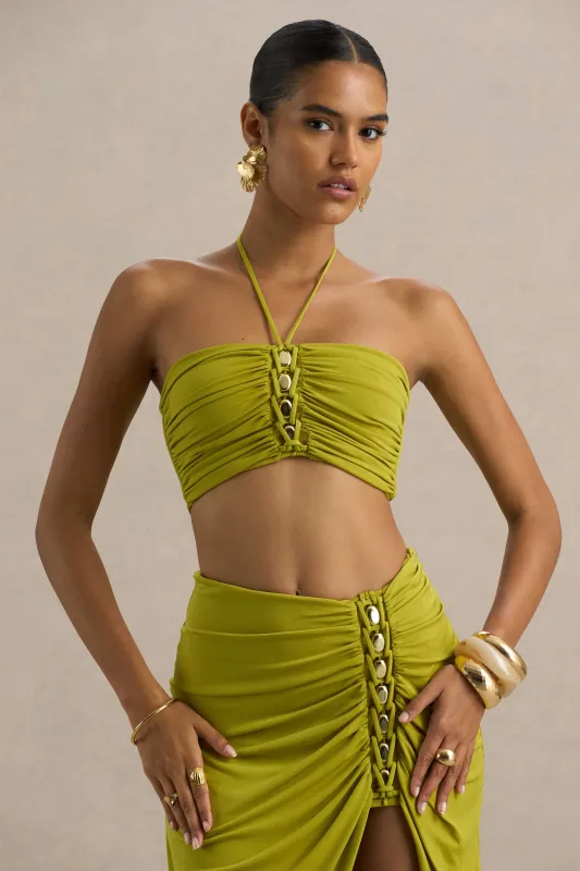 Alani | Green Halter Neck Ruched Bandeau Top sold by Club L London