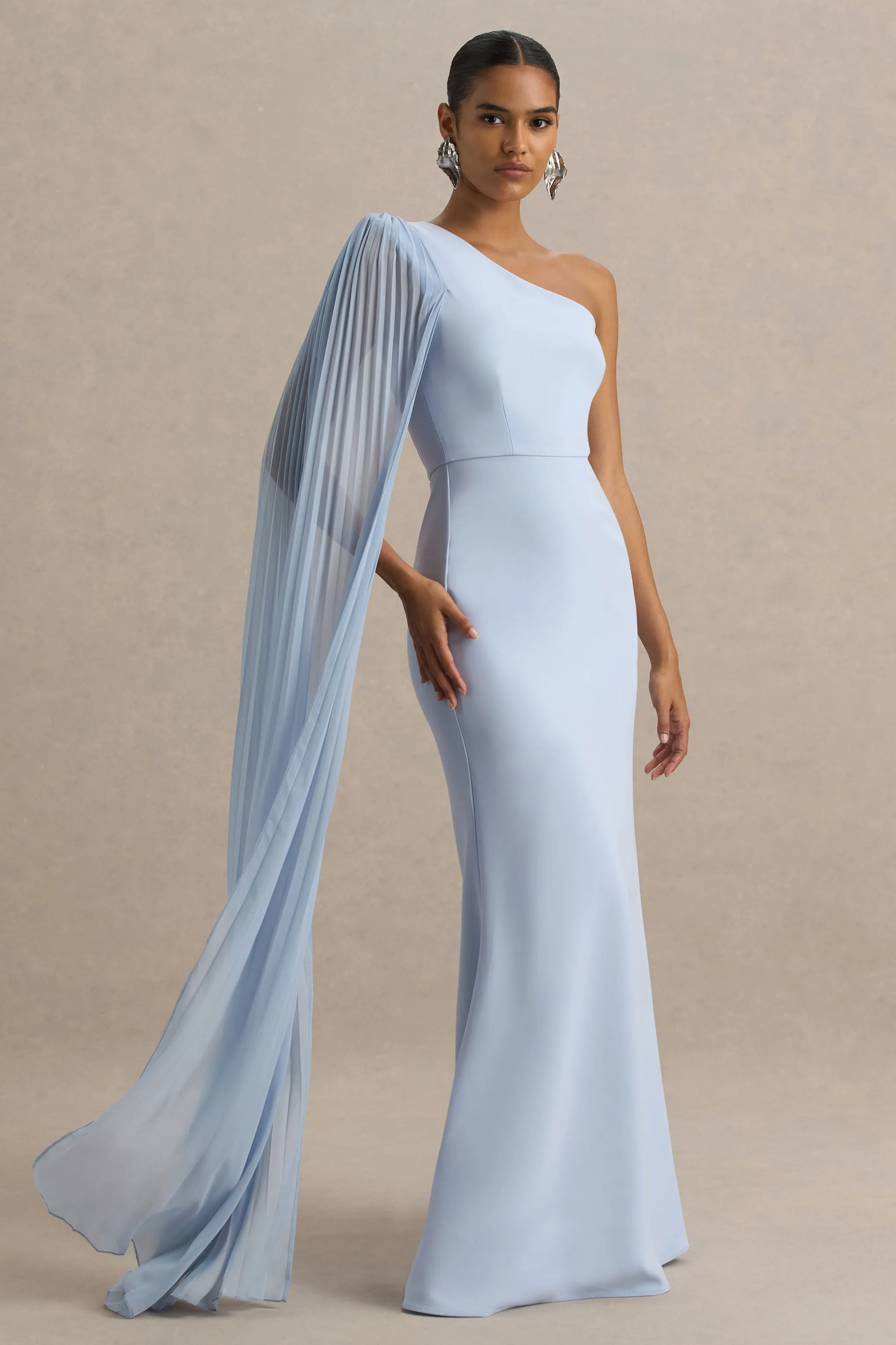 Athens | Powder Blue Asymmetric-Neck Maxi Dress With Cape Sleeve Detail sold by Club L London product image thumbnail 3