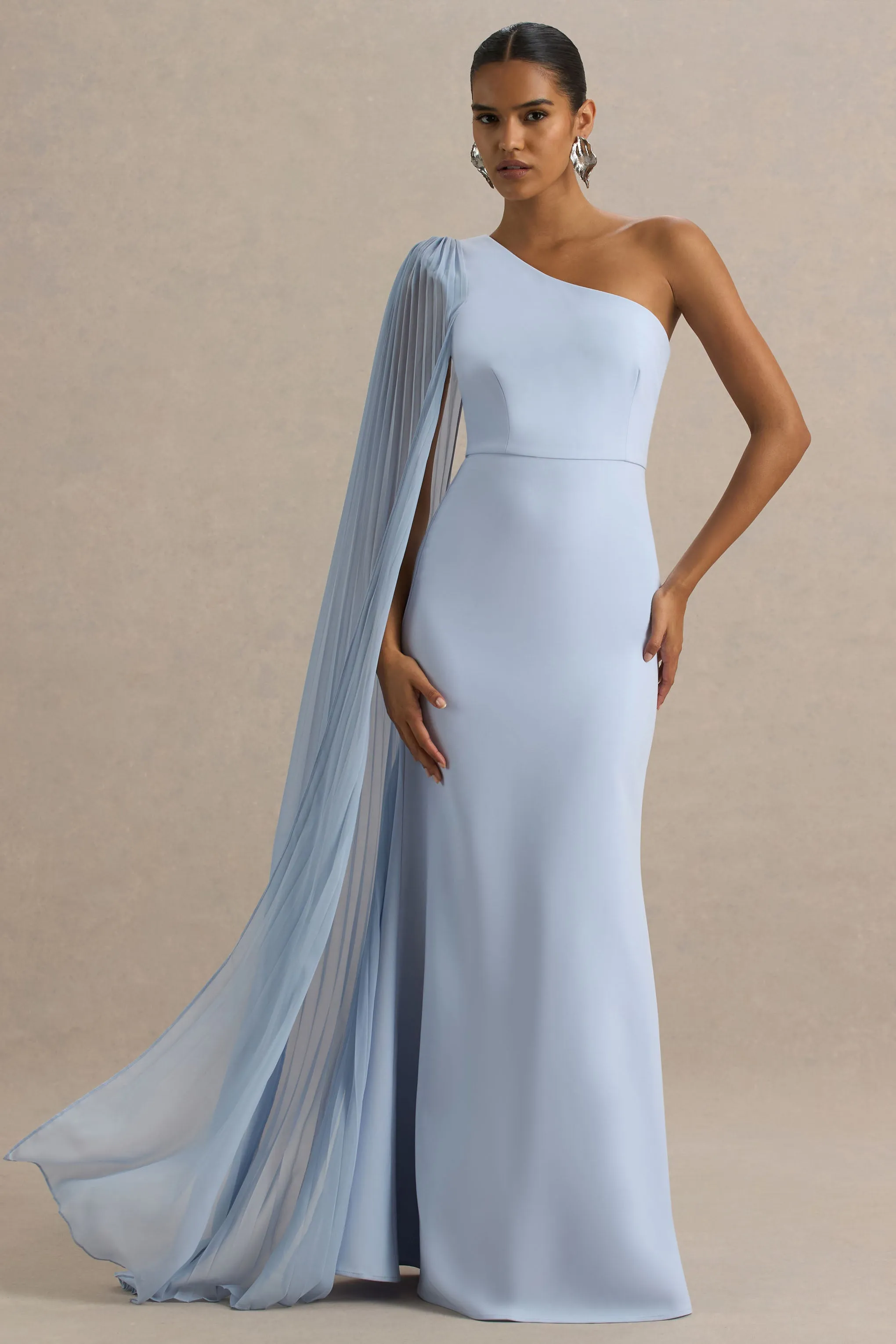 Athens | Powder Blue Asymmetric-Neck Maxi Dress With Cape Sleeve Detail sold by Club L London product image thumbnail 4