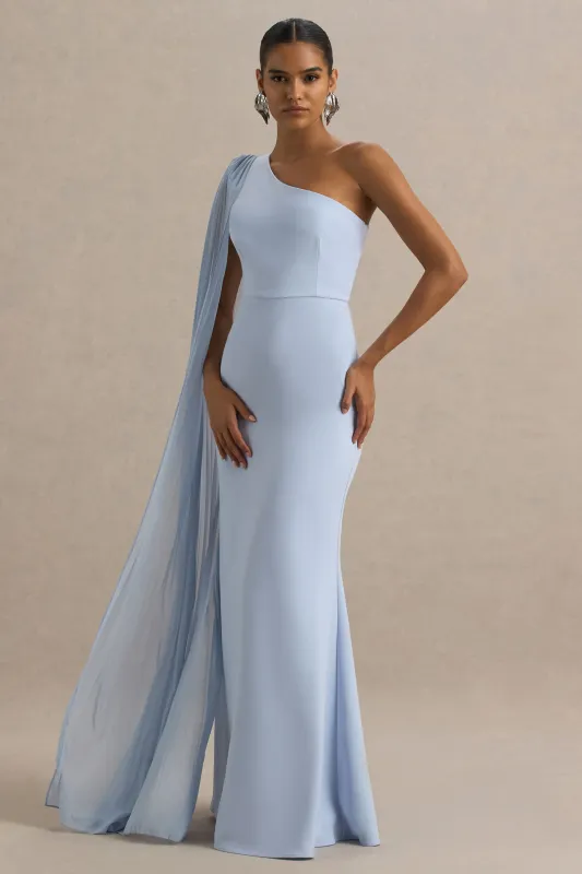 Athens | Powder Blue Asymmetric-Neck Maxi Dress With Cape Sleeve Detail sold by Club L London