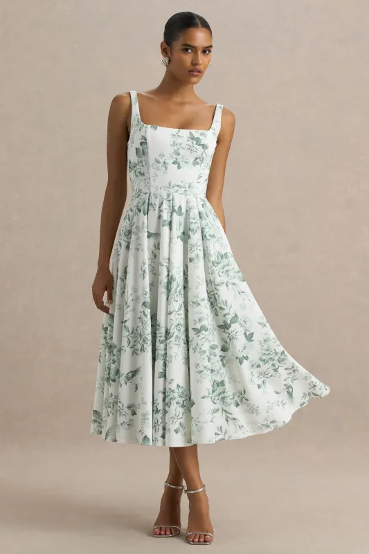 Lissa | Green Porcelain Print Square-Neck Midi Dress sold by Club L London