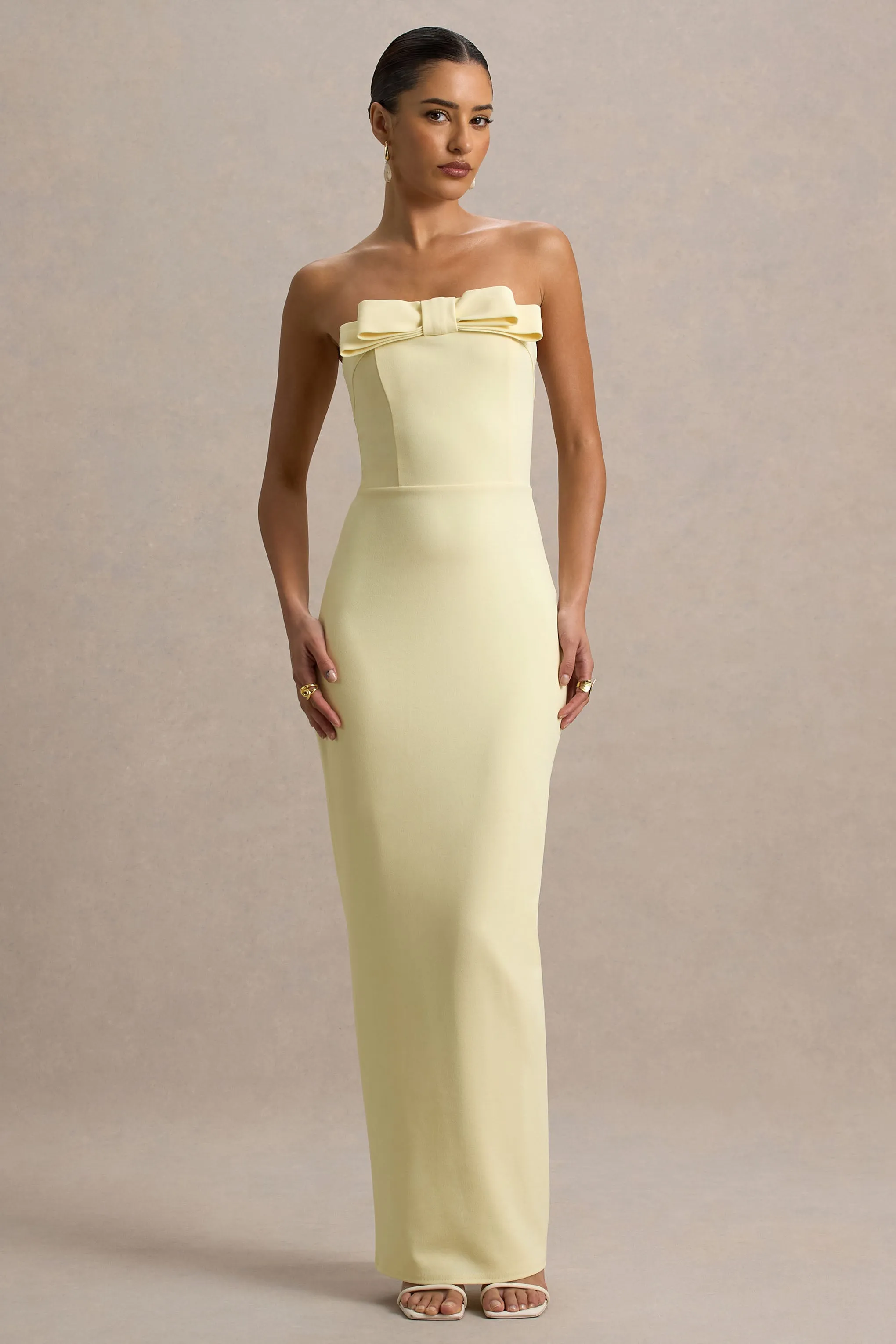 Hallie | Lemon Bandeau Maxi Dress With Bow Detail sold by Club L London